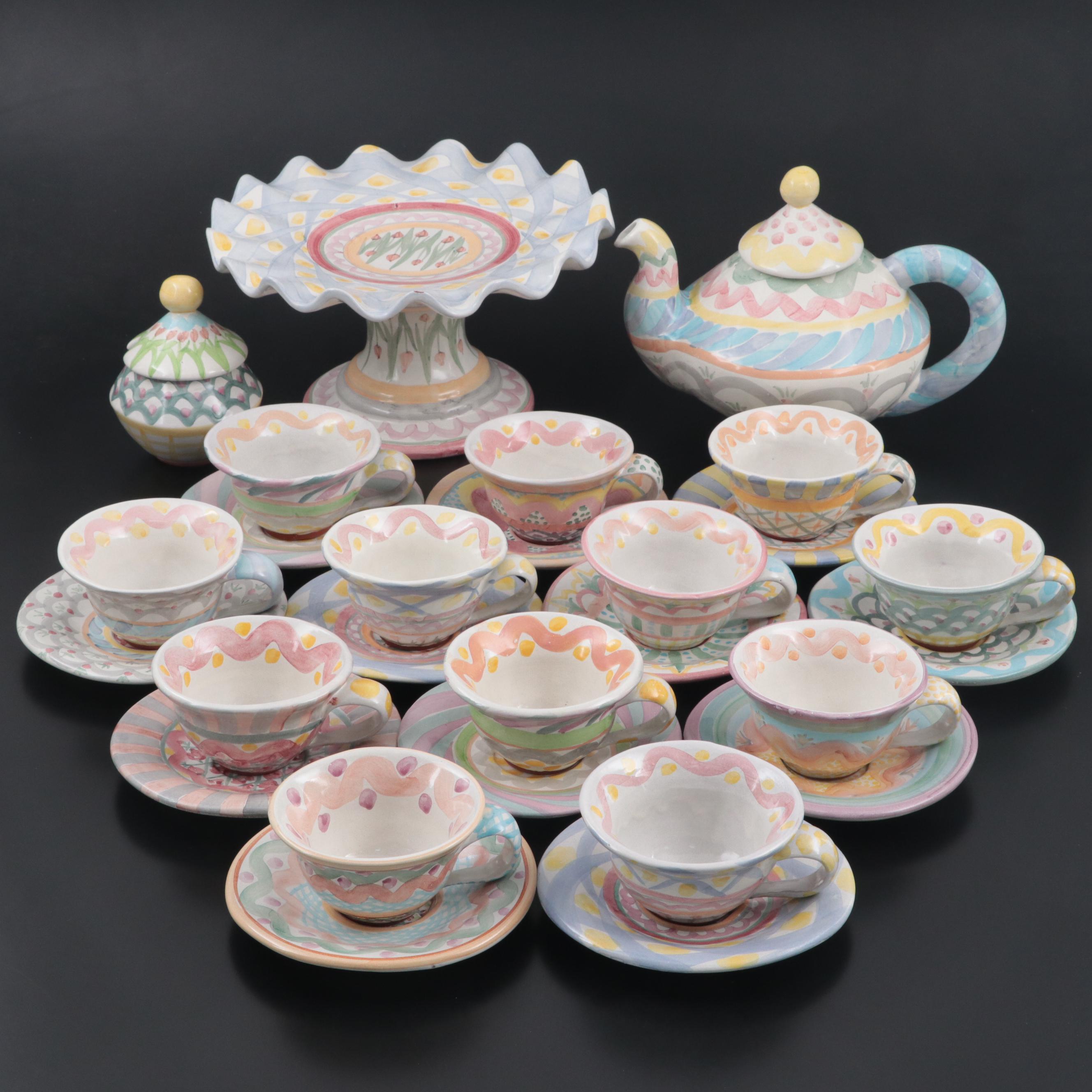 MacKenzie-Childs Tea Set and Cake Stand, Late 20th Century