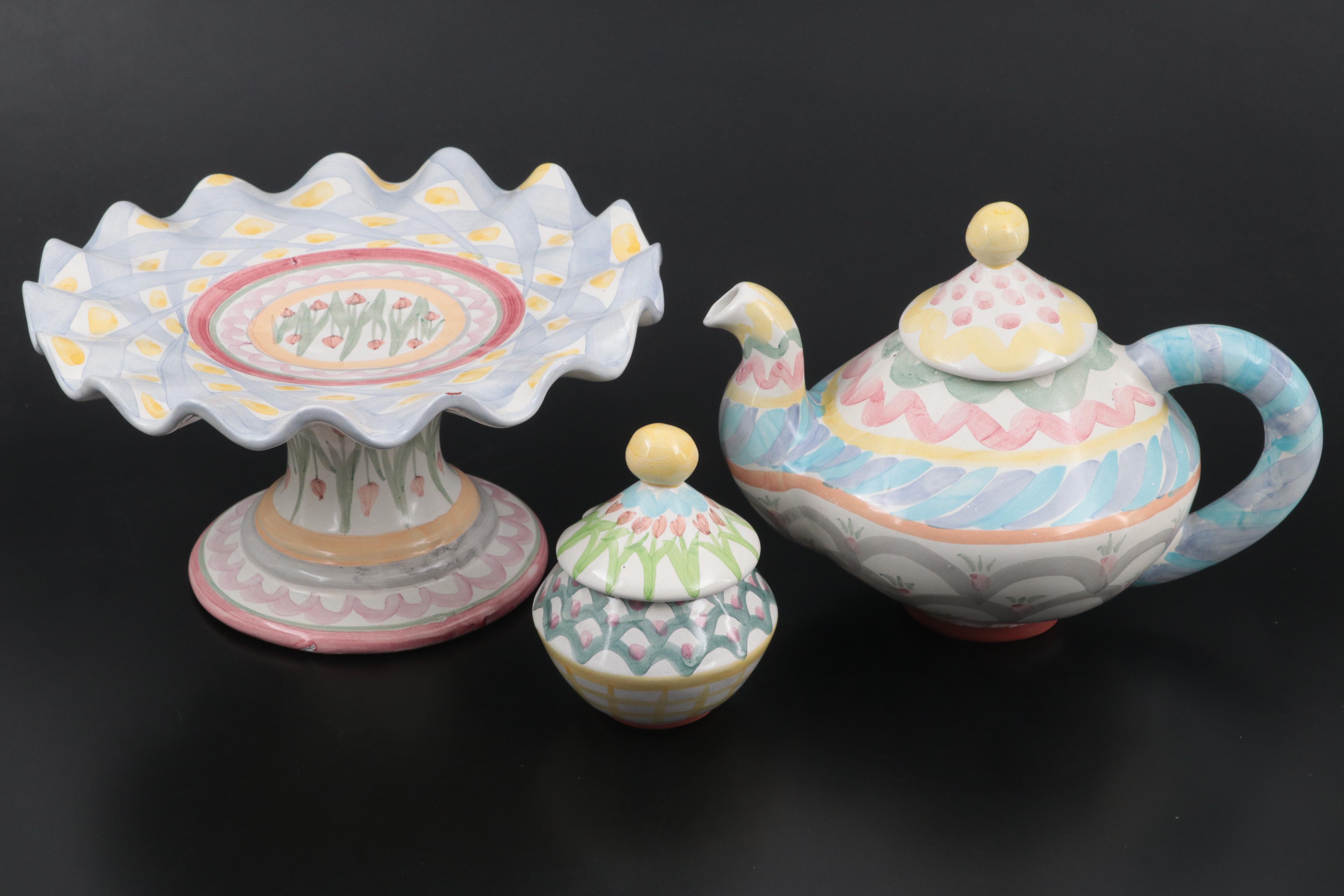 MacKenzie-Childs Tea Set and Cake Stand, Late 20th Century