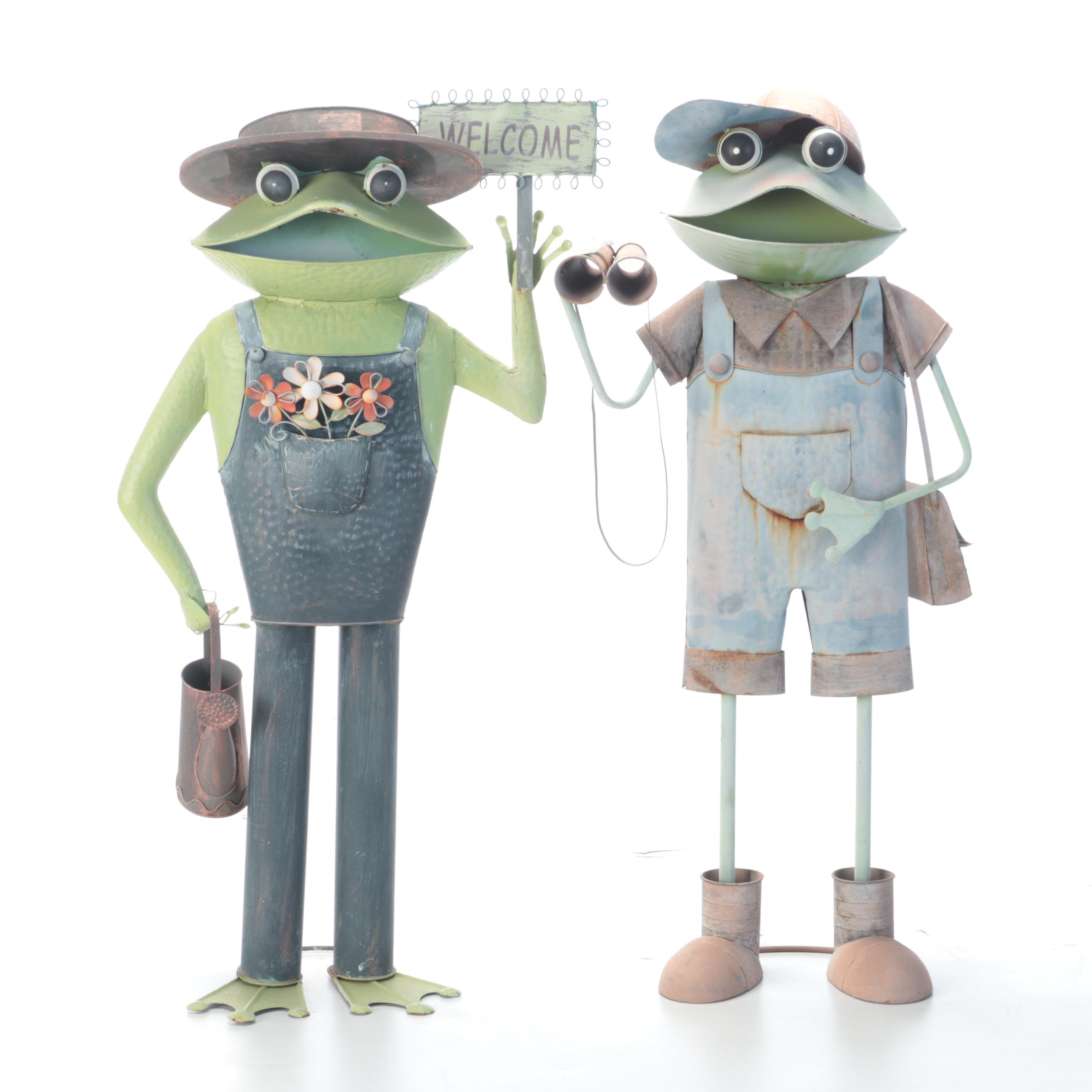 Polychrome Metal Anthropomorphic Frog Garden Figures