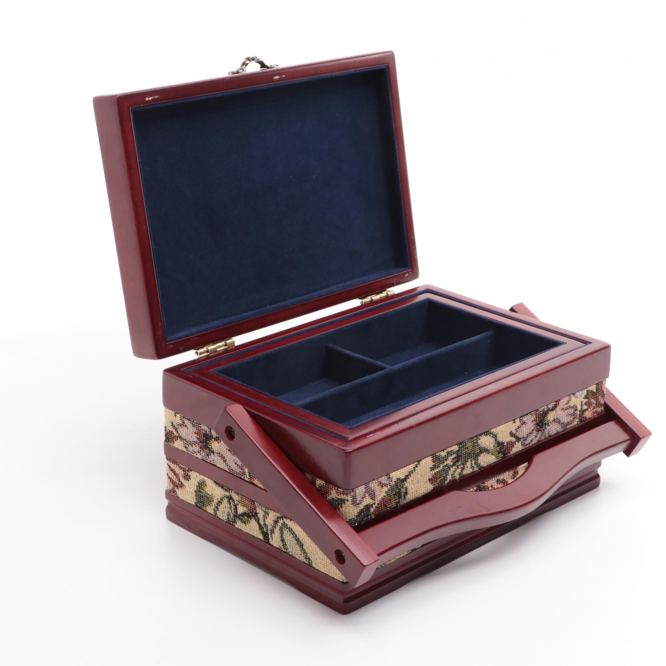 Floral Woven Fabric Jewelry Box with Other Mahogany Finished Wood Jewelry Boxes