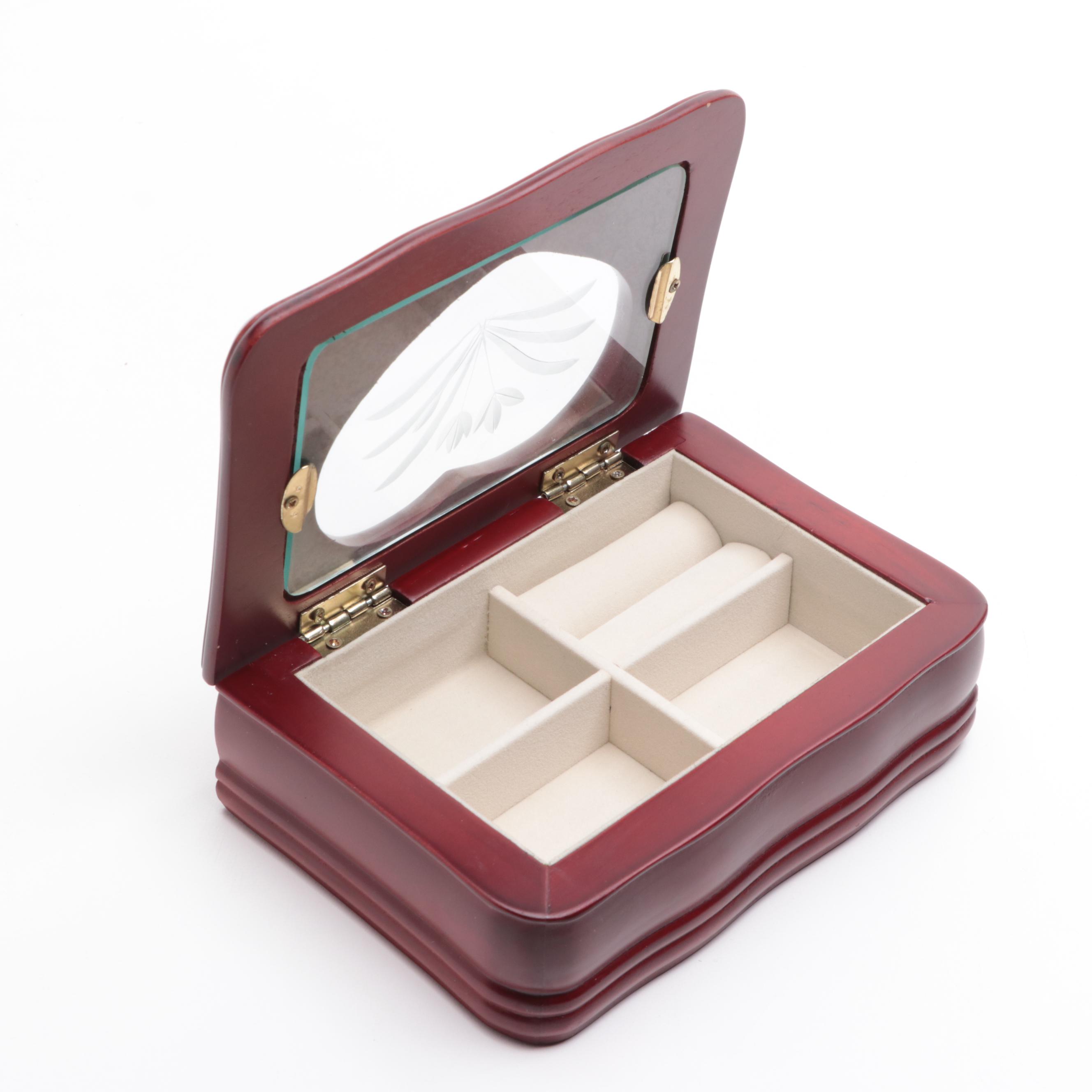 Floral Woven Fabric Jewelry Box with Other Mahogany Finished Wood Jewelry Boxes