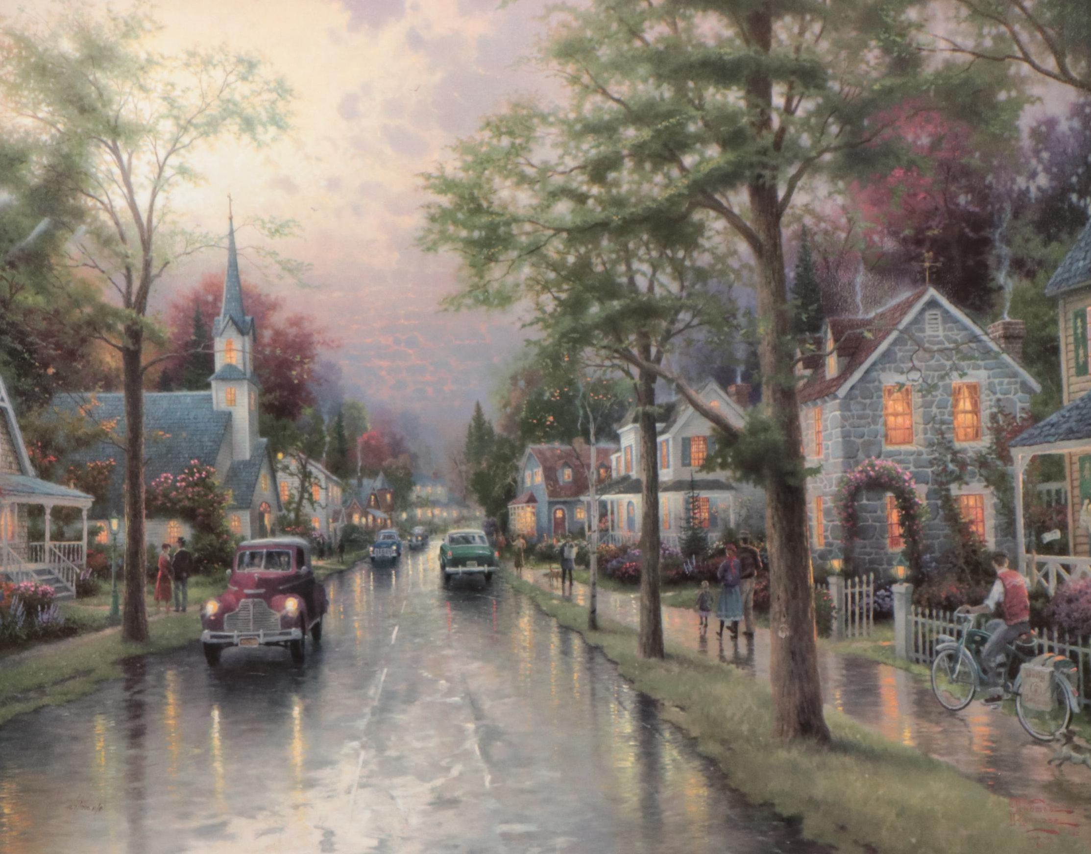 Thomas Kinkade Embellished Offset Lithograph "Hometown Morning"