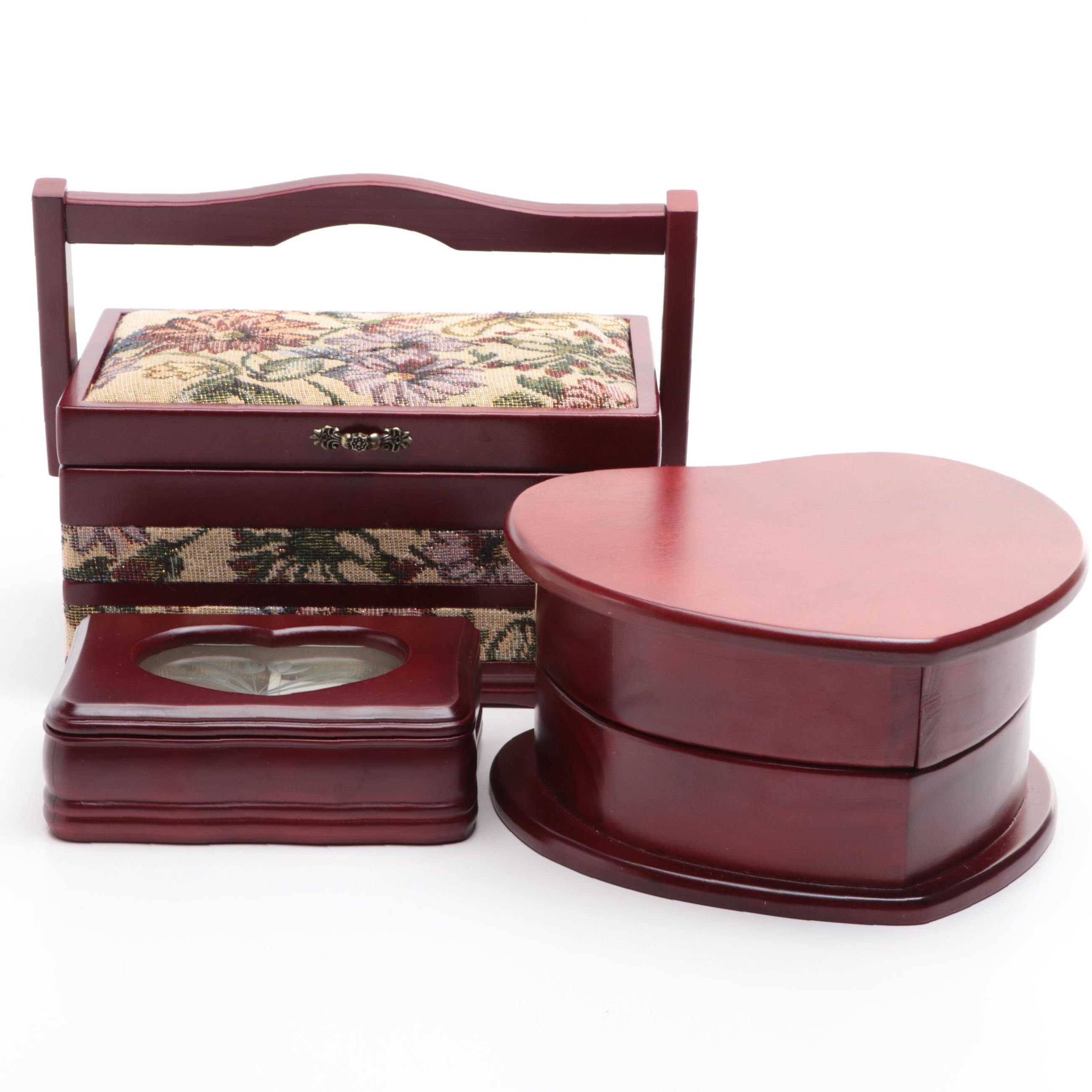 Floral Woven Fabric Jewelry Box with Other Mahogany Finished Wood