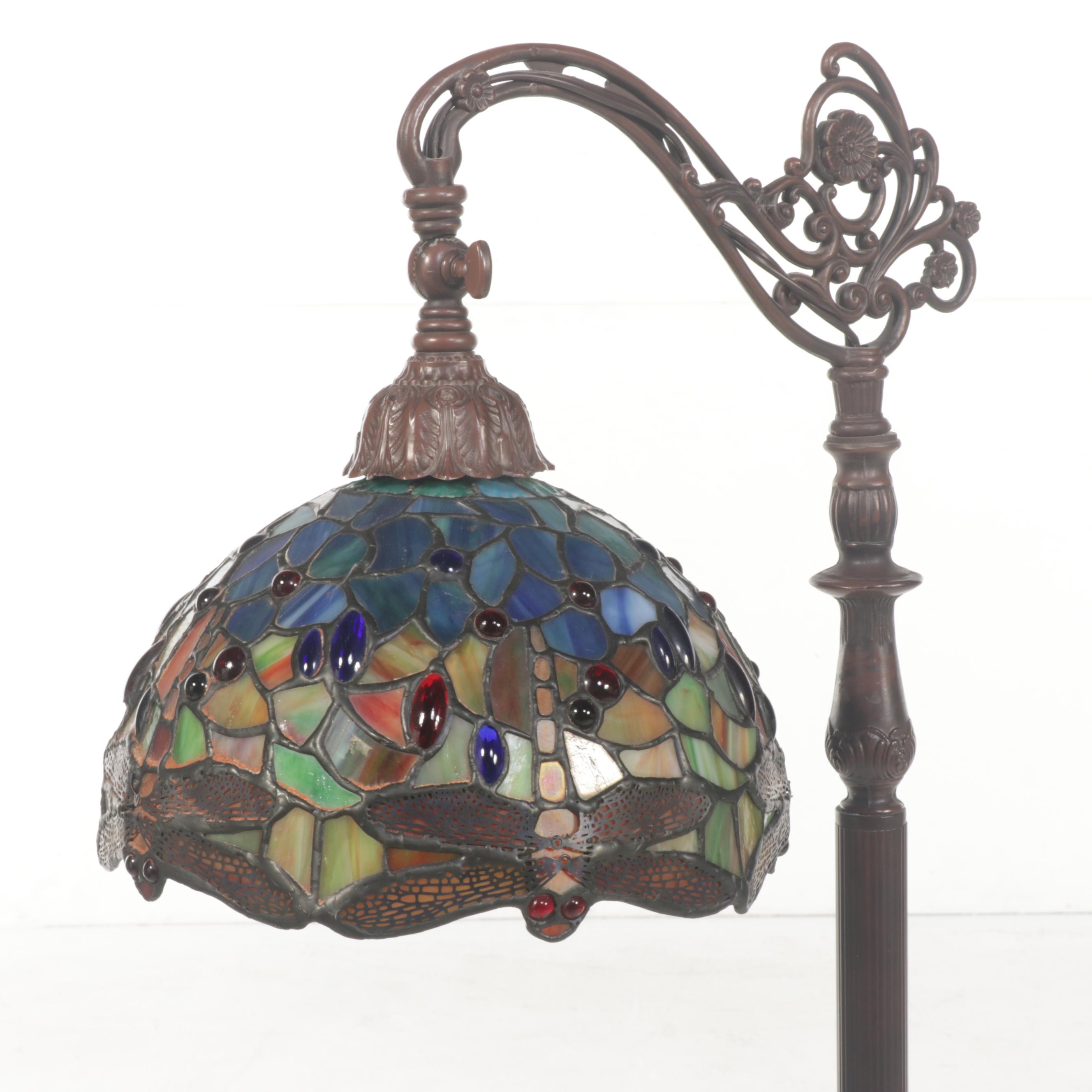 Victorian Style Bridge Arm Floor lamp With Dragonfly Slag Glass Shade