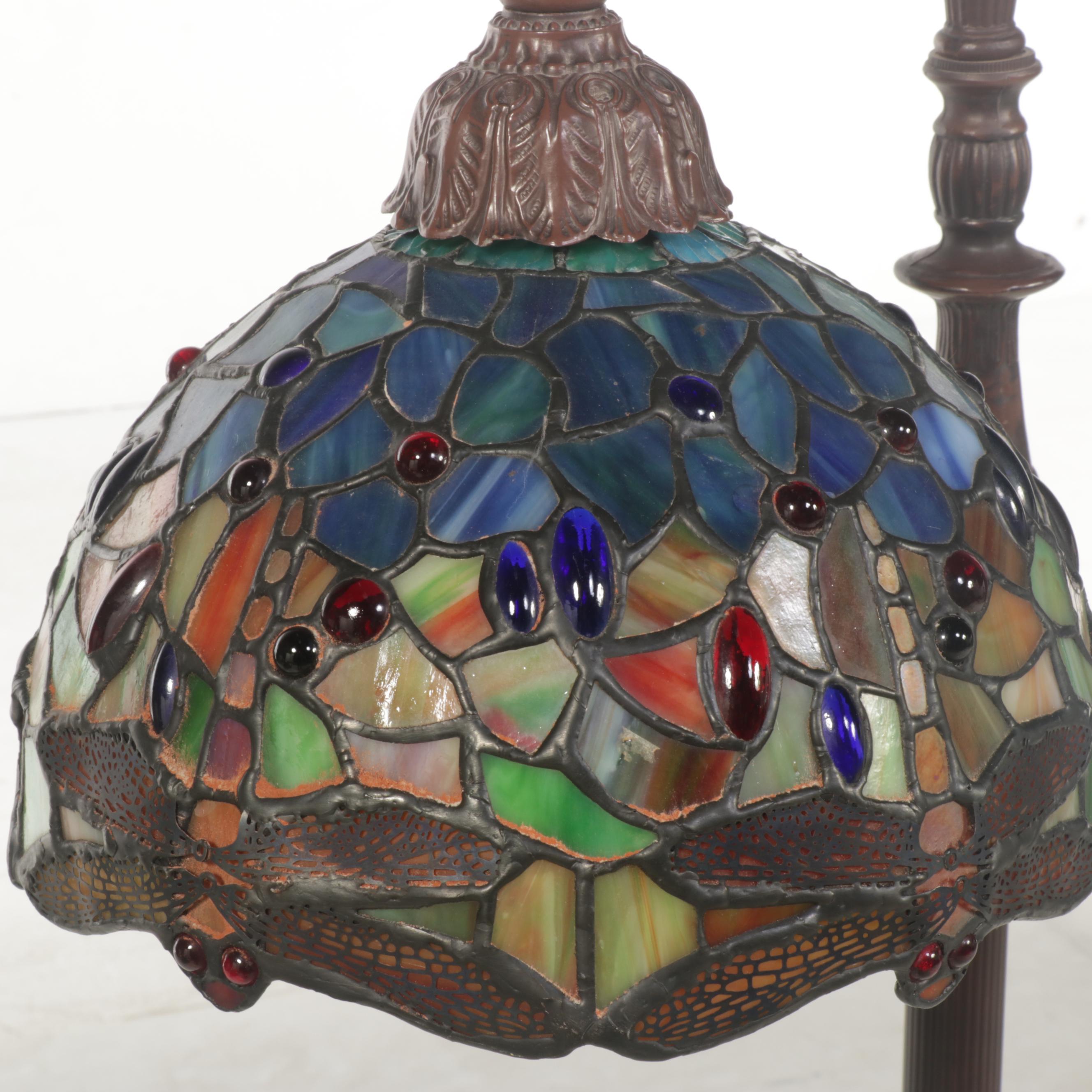 Victorian Style Bridge Arm Floor lamp With Dragonfly Slag Glass Shade