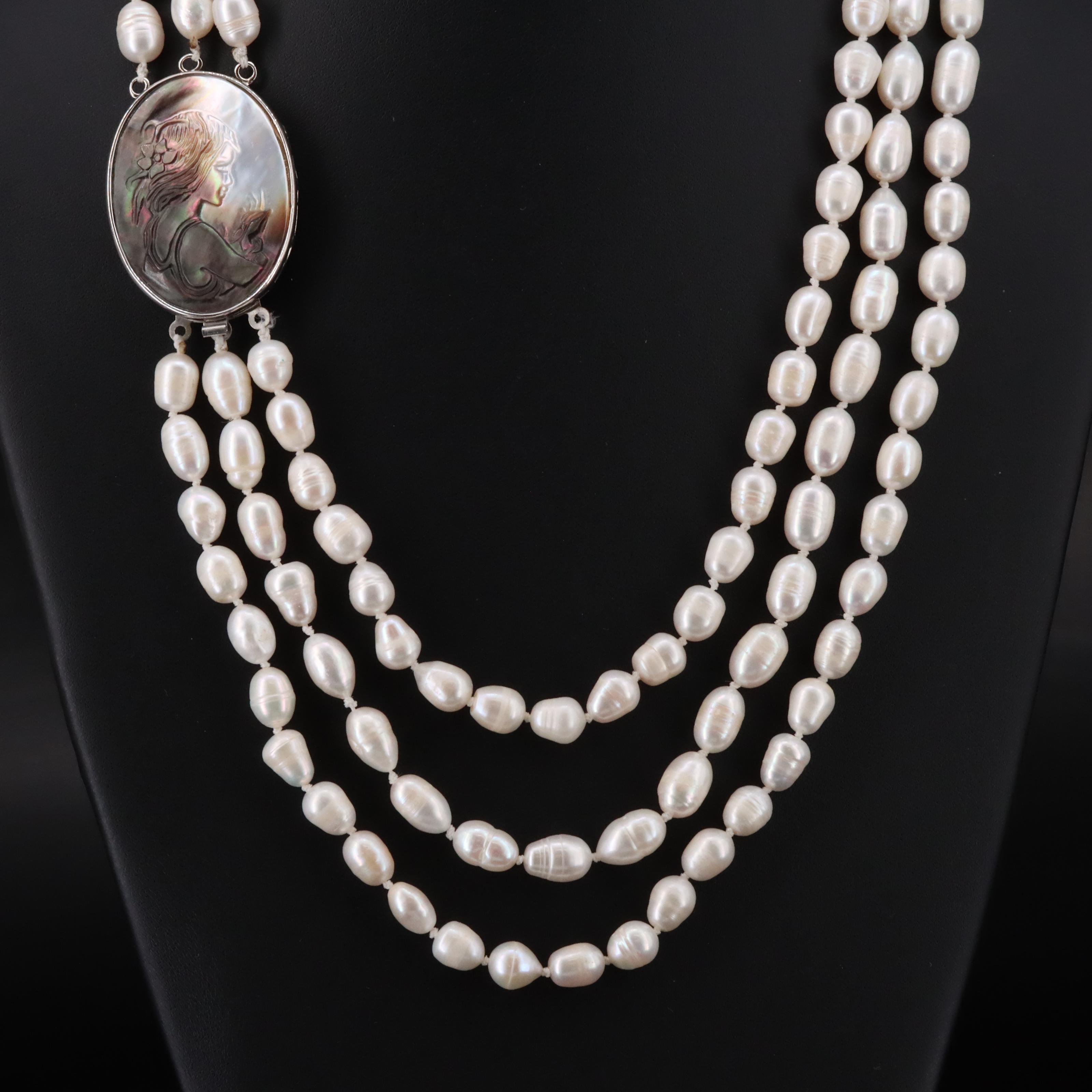 Mother-of-Pearl Cameo and Triple Strand Pearl Necklace