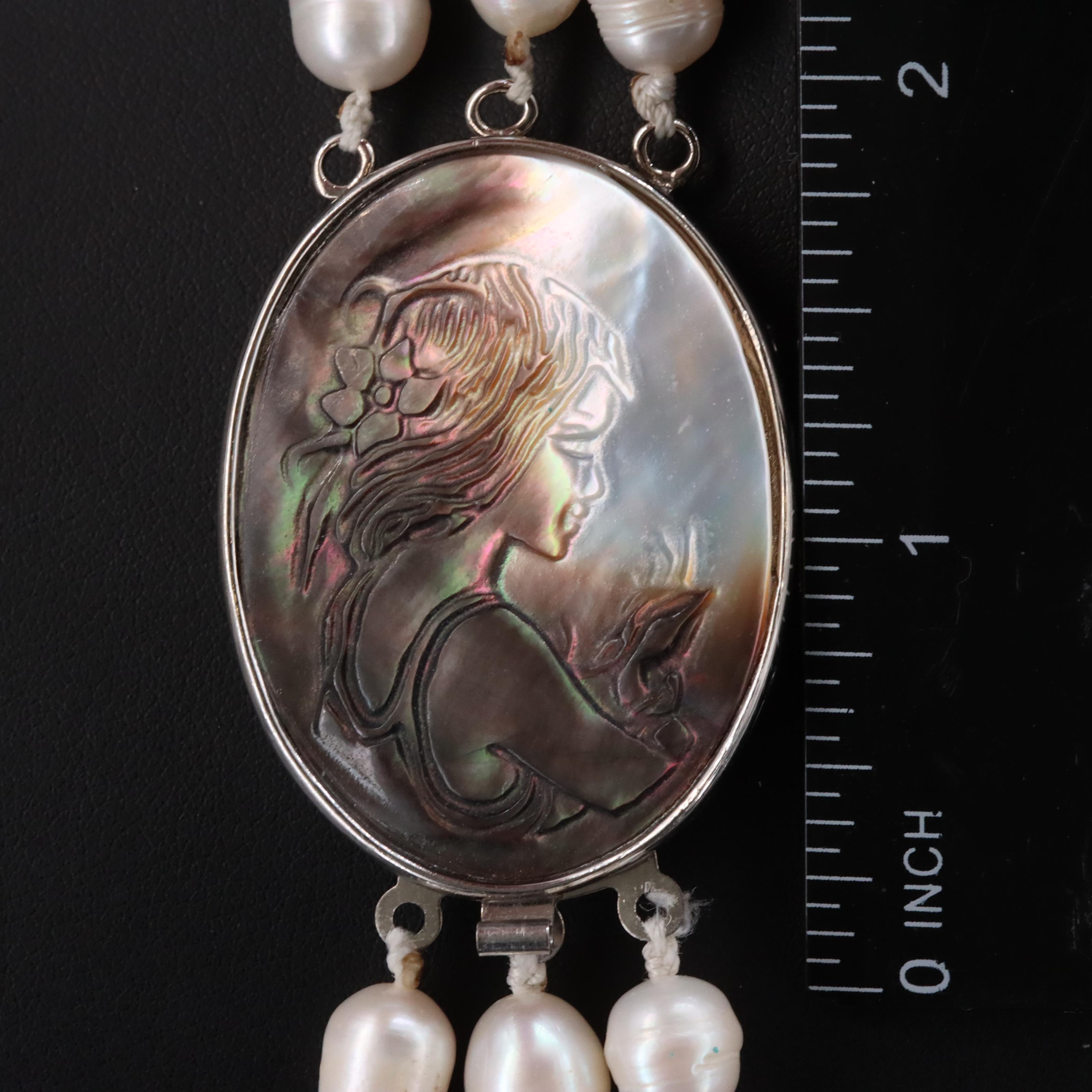Mother-of-Pearl Cameo and Triple Strand Pearl Necklace