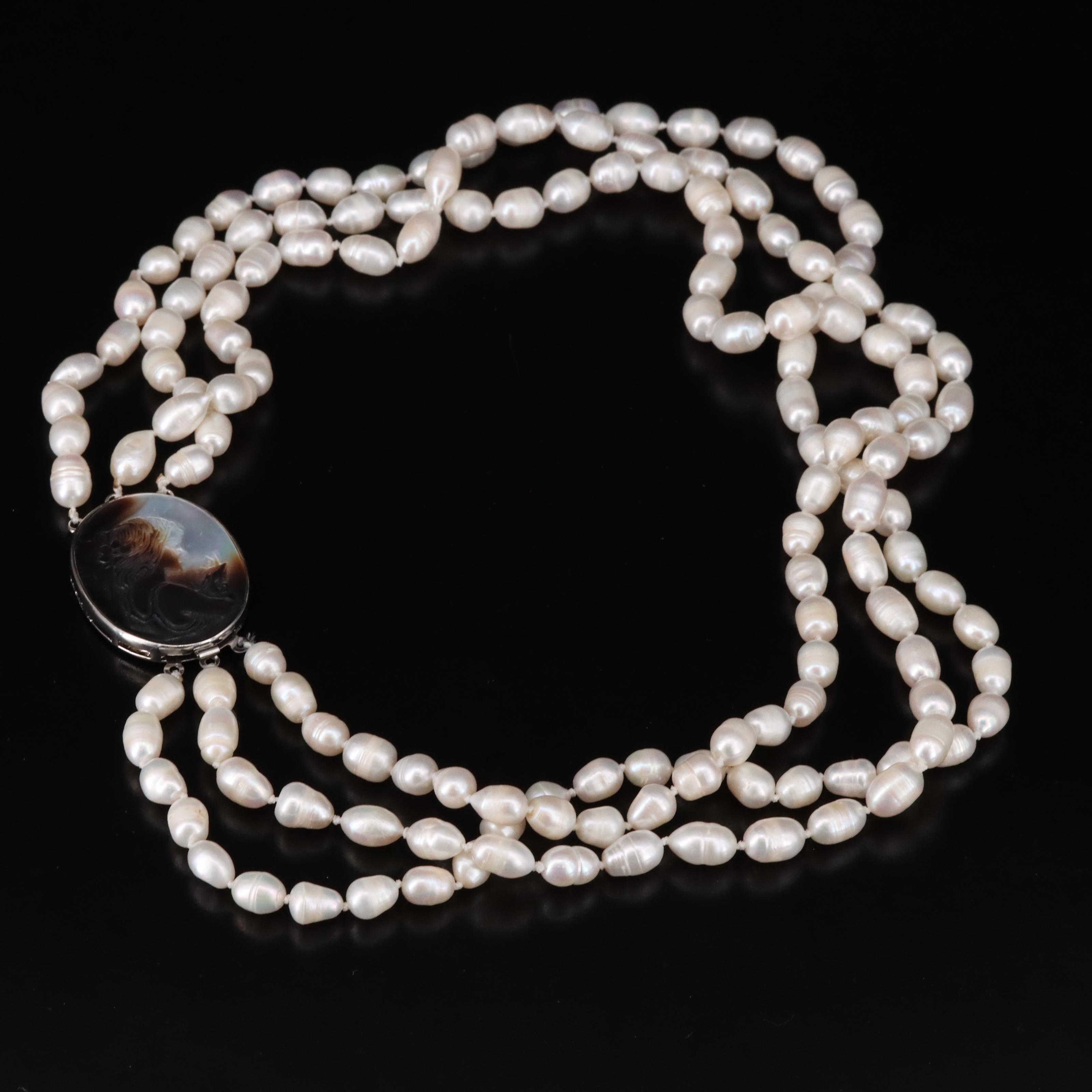 Mother-of-Pearl Cameo and Triple Strand Pearl Necklace