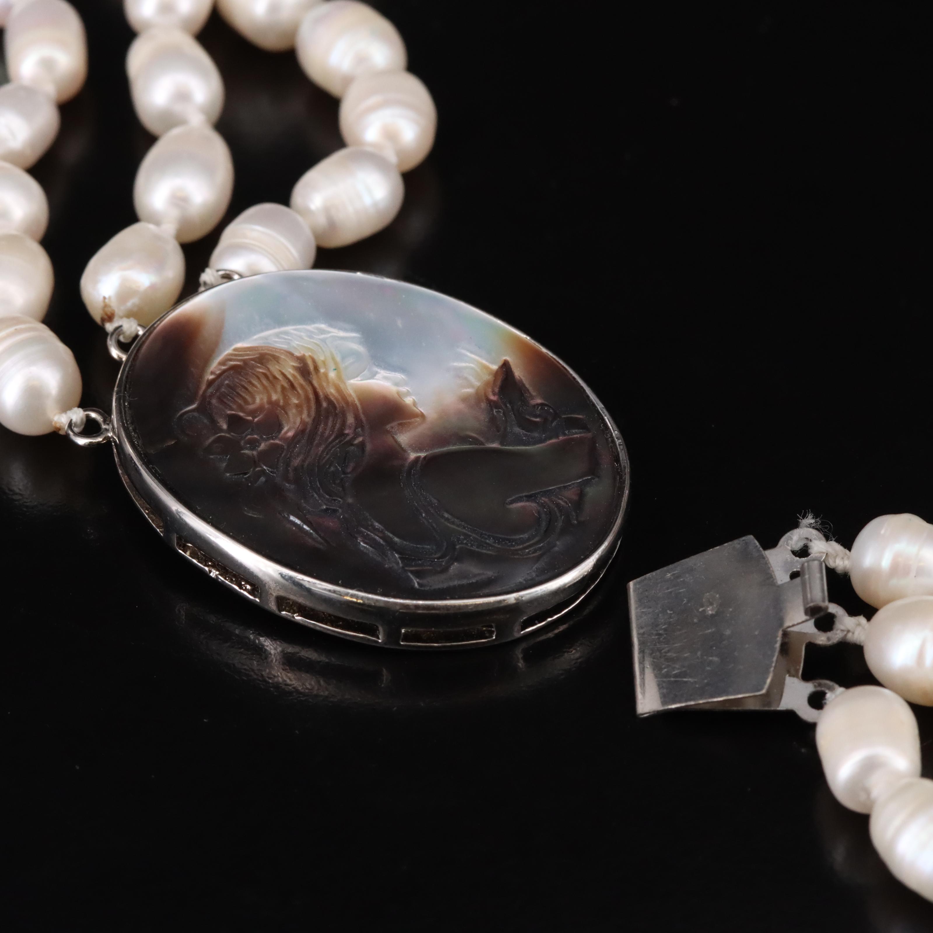Mother-of-Pearl Cameo and Triple Strand Pearl Necklace