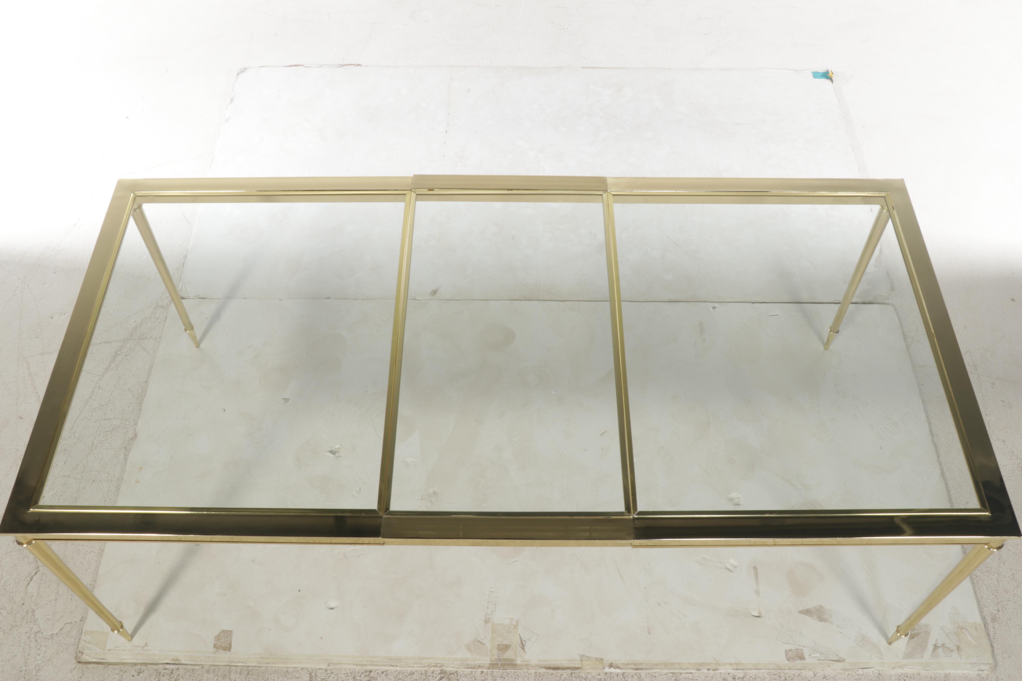 Hollywood Regency Style Brass-Patinated Metal & Glass Top Extending Dining Table