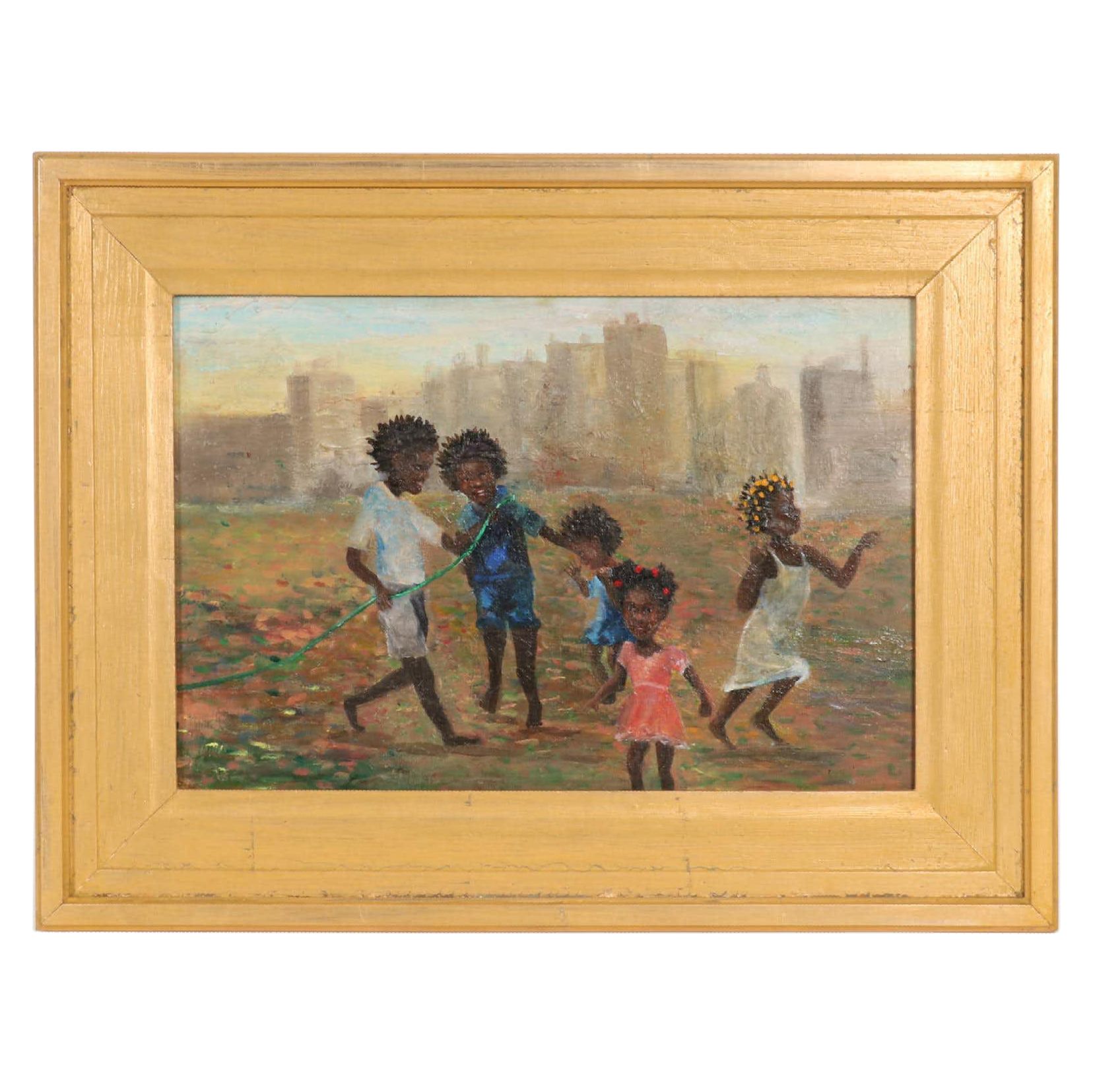 Oil Painting of Children Playing Outside
