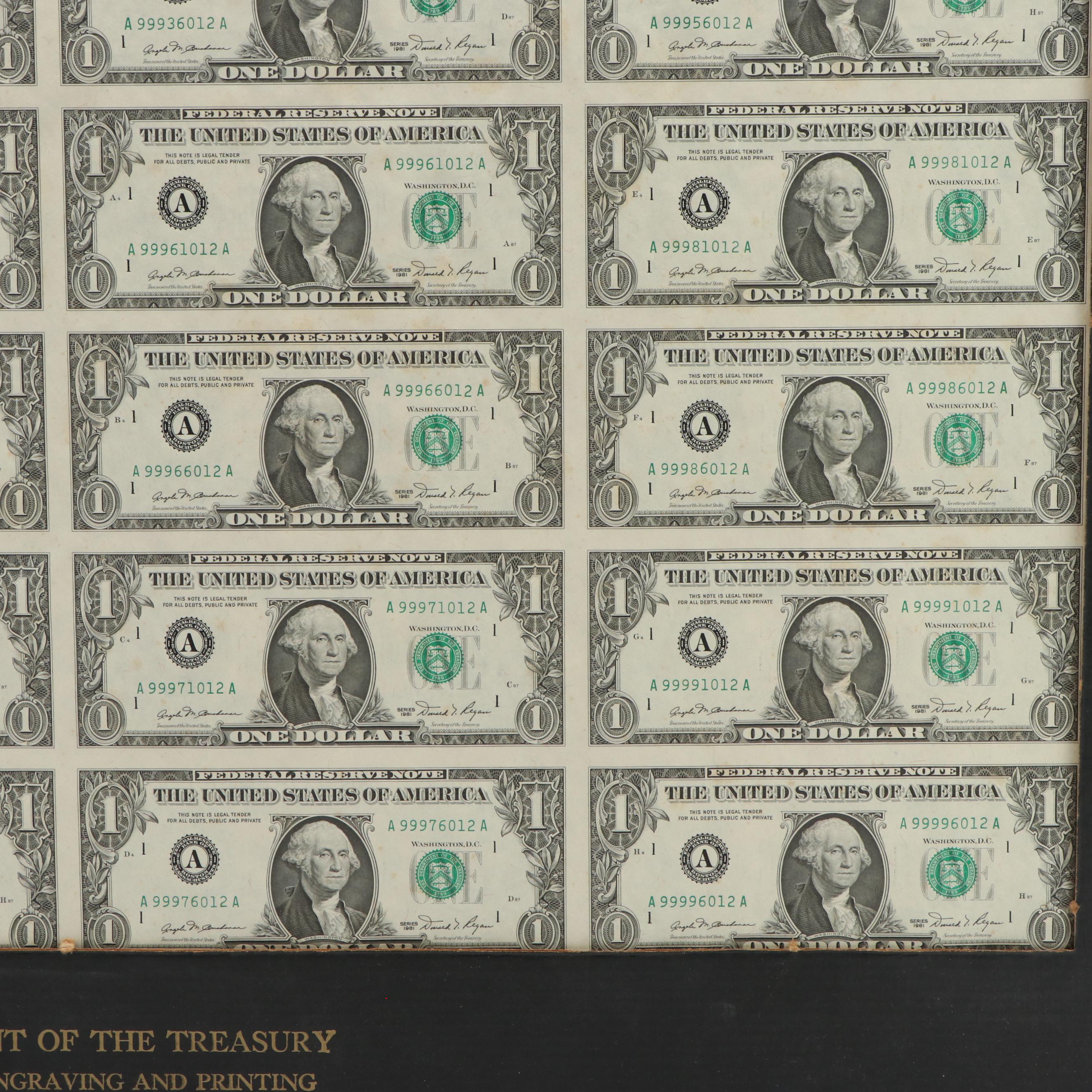 Uncut Sheet of Thirty-Two Series 1981 $1 Federal Reserve Notes