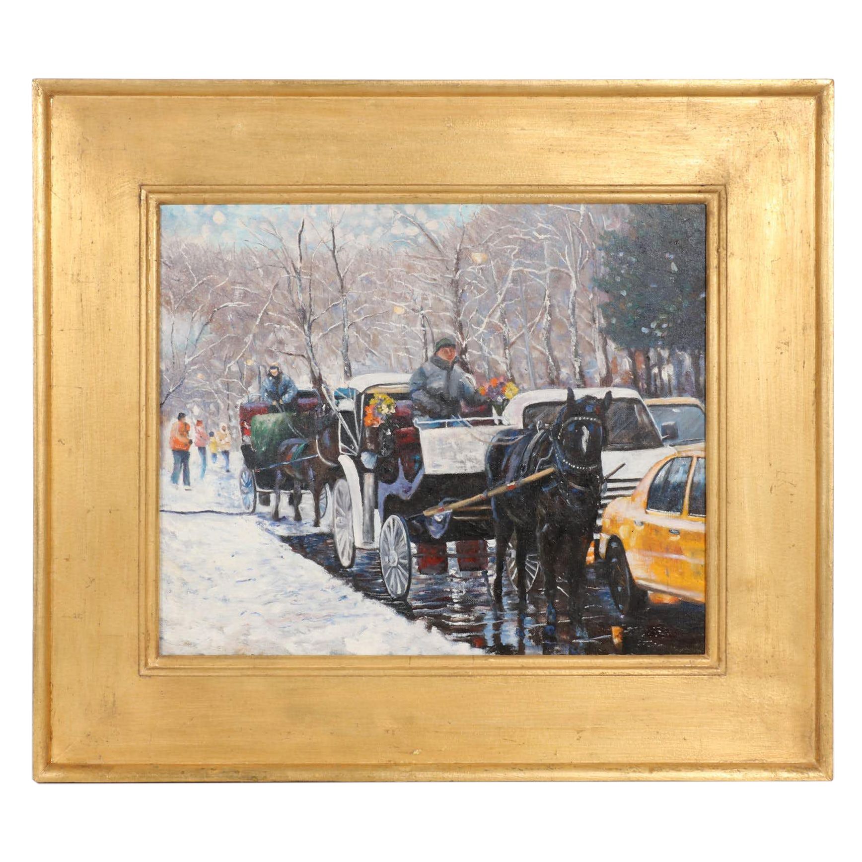 Wintertime Street Scene Oil Painting with Horse-drawn Carriages