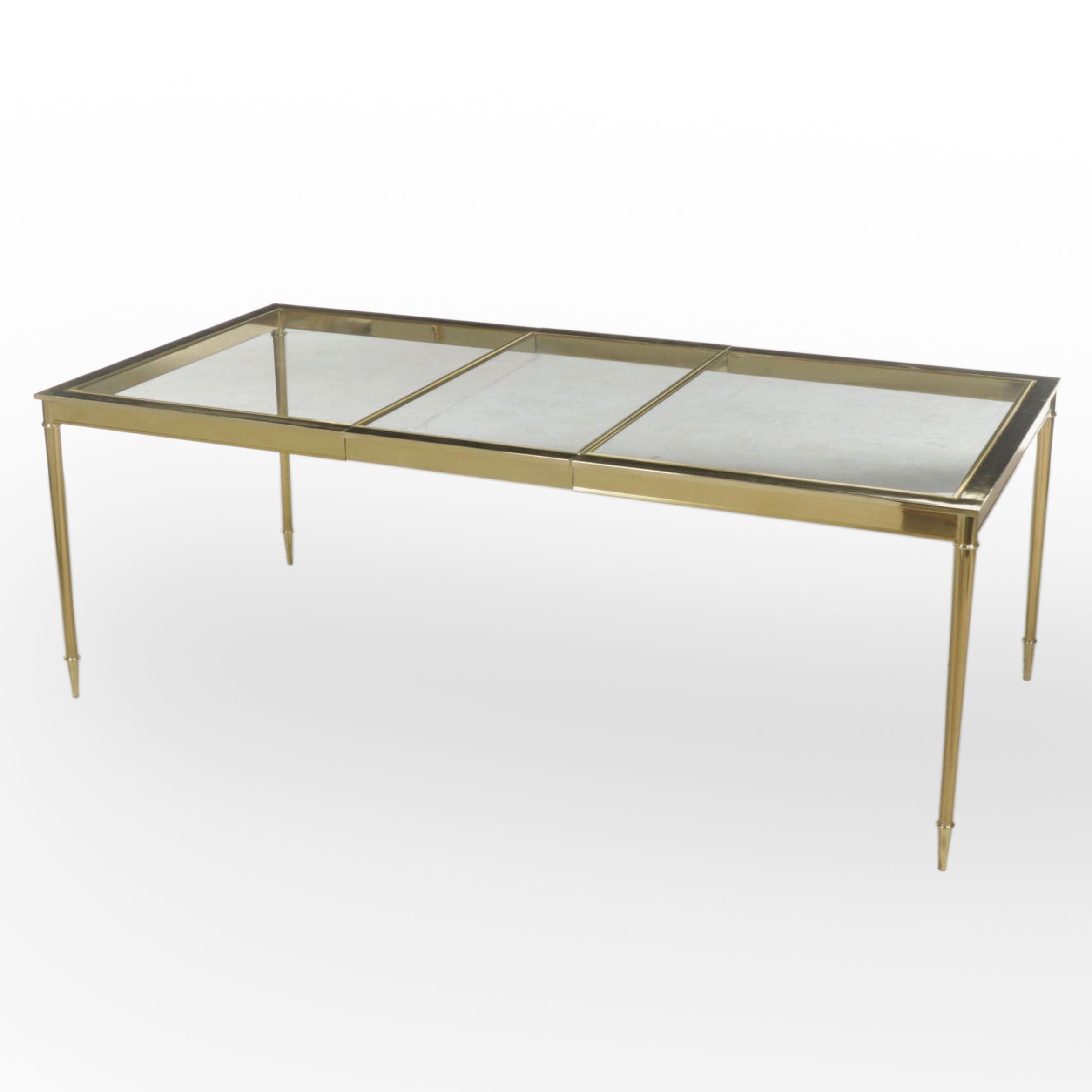 Hollywood Regency Style Brass-Patinated Metal & Glass Top Extending Dining Table