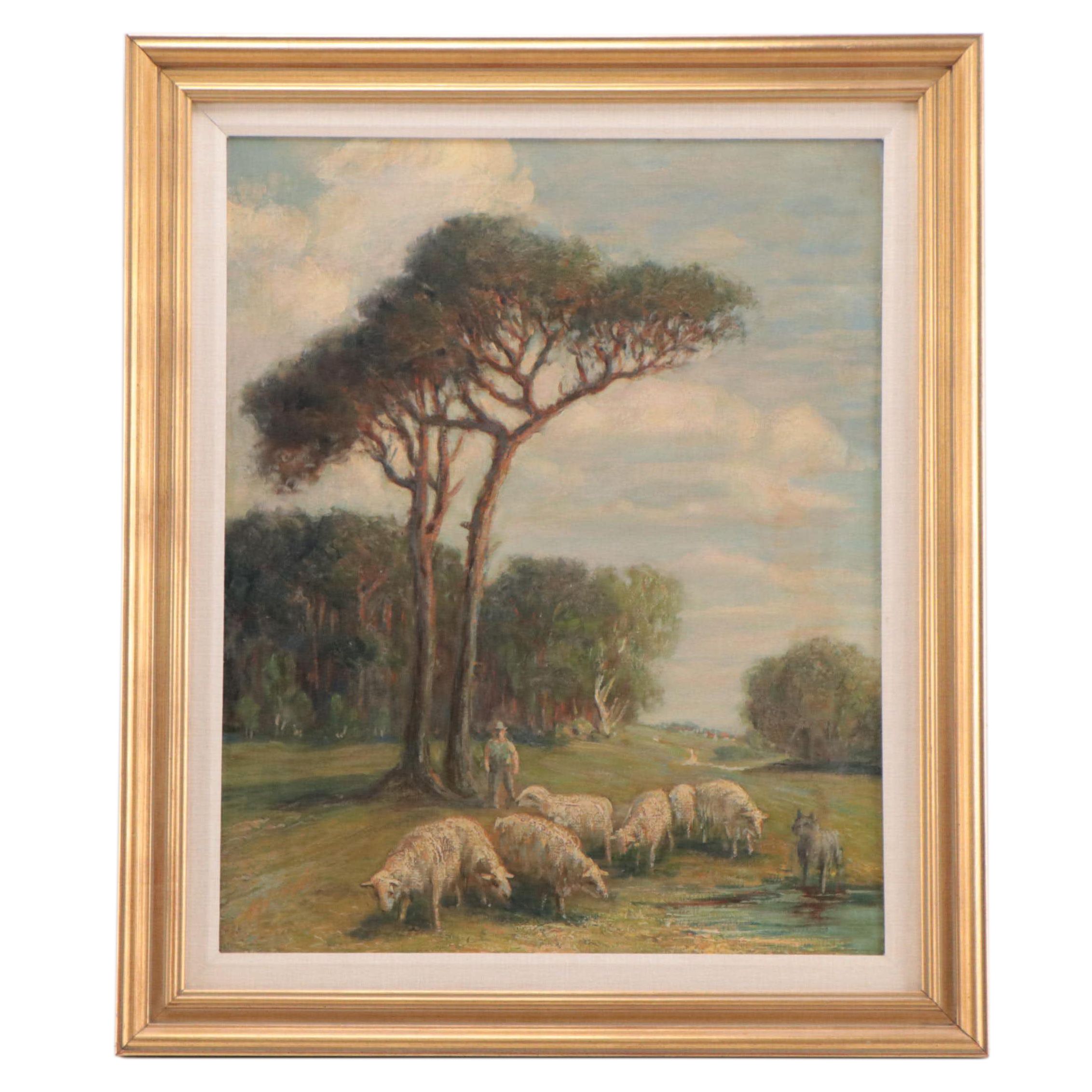 German School Pastoral Landscape Oil Painting, Circa 1900