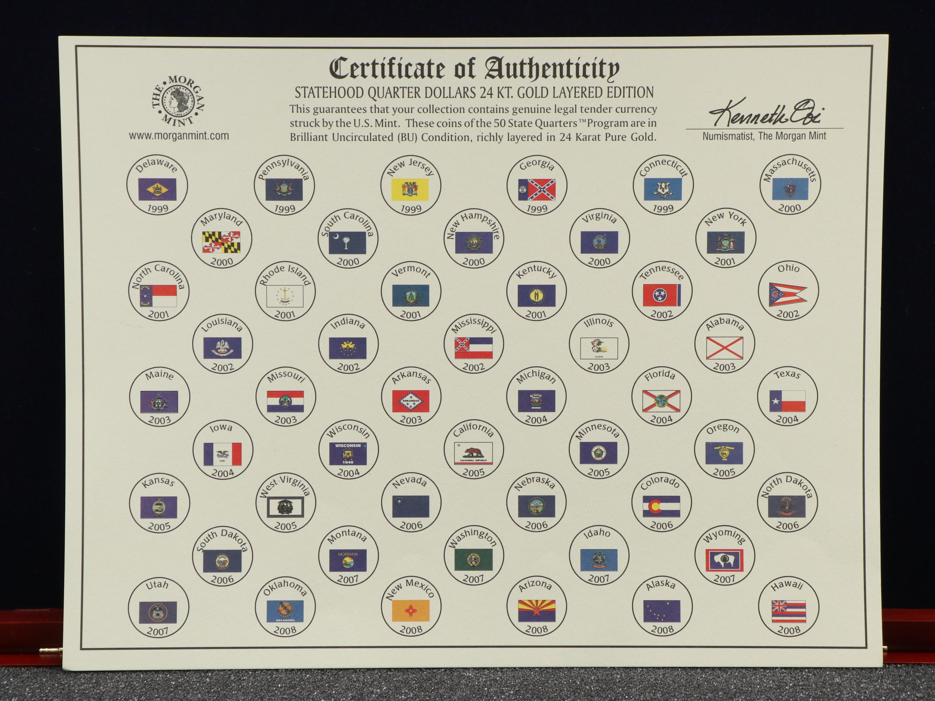 Set of 50 Different Gold Plated State Quarters