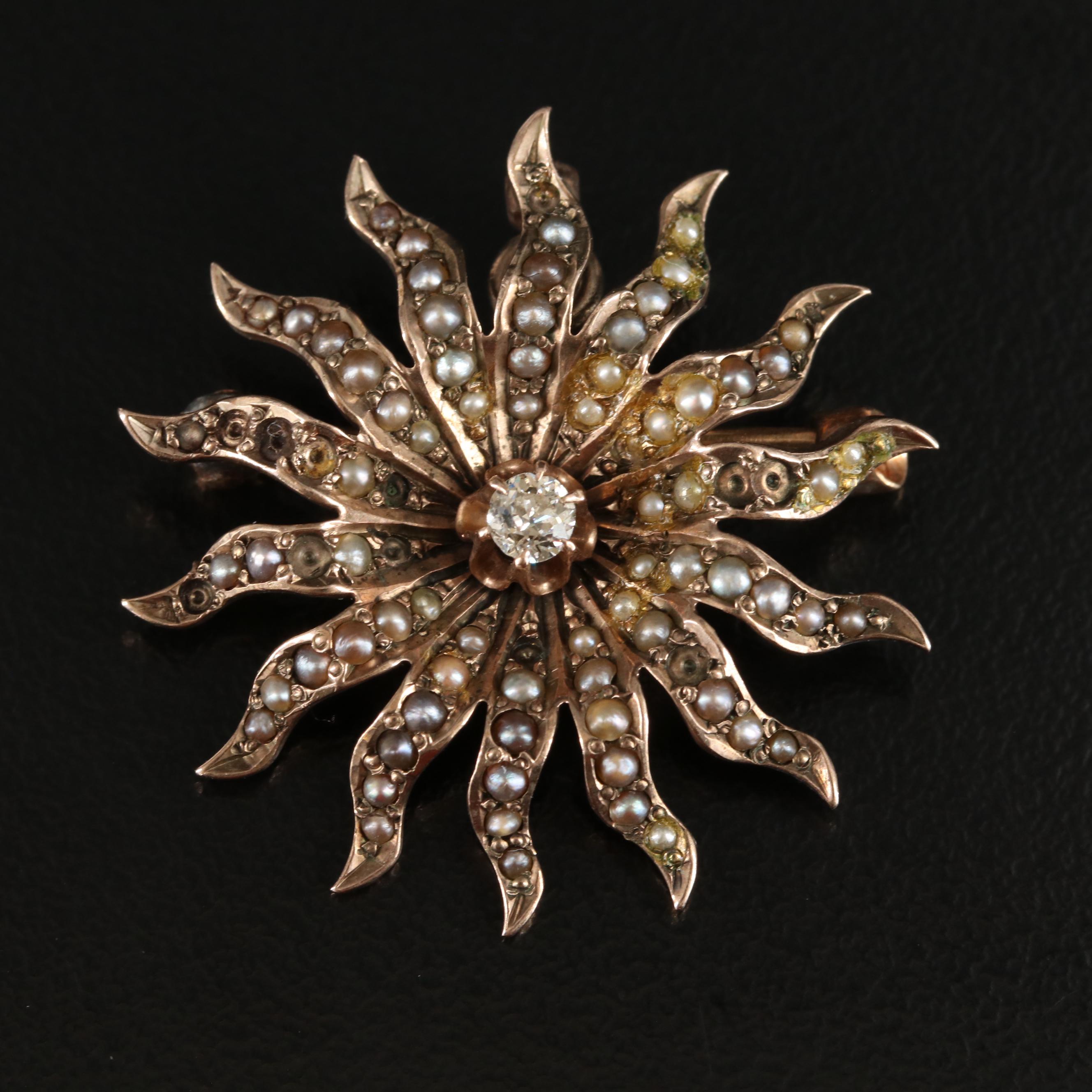Victorian 9K 0.10 CT Diamond Sunburst Converter Brooch