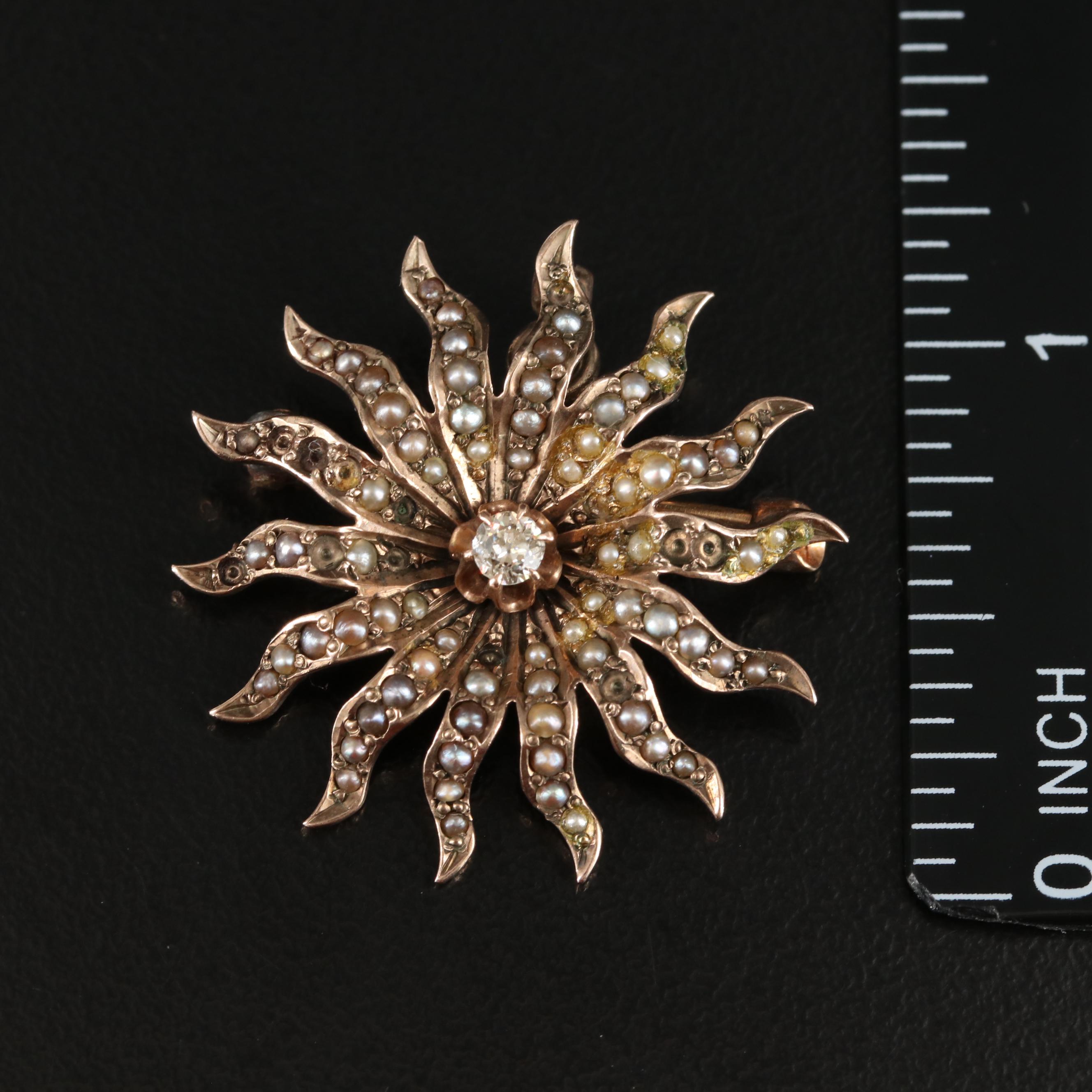 Victorian 9K 0.10 CT Diamond Sunburst Converter Brooch