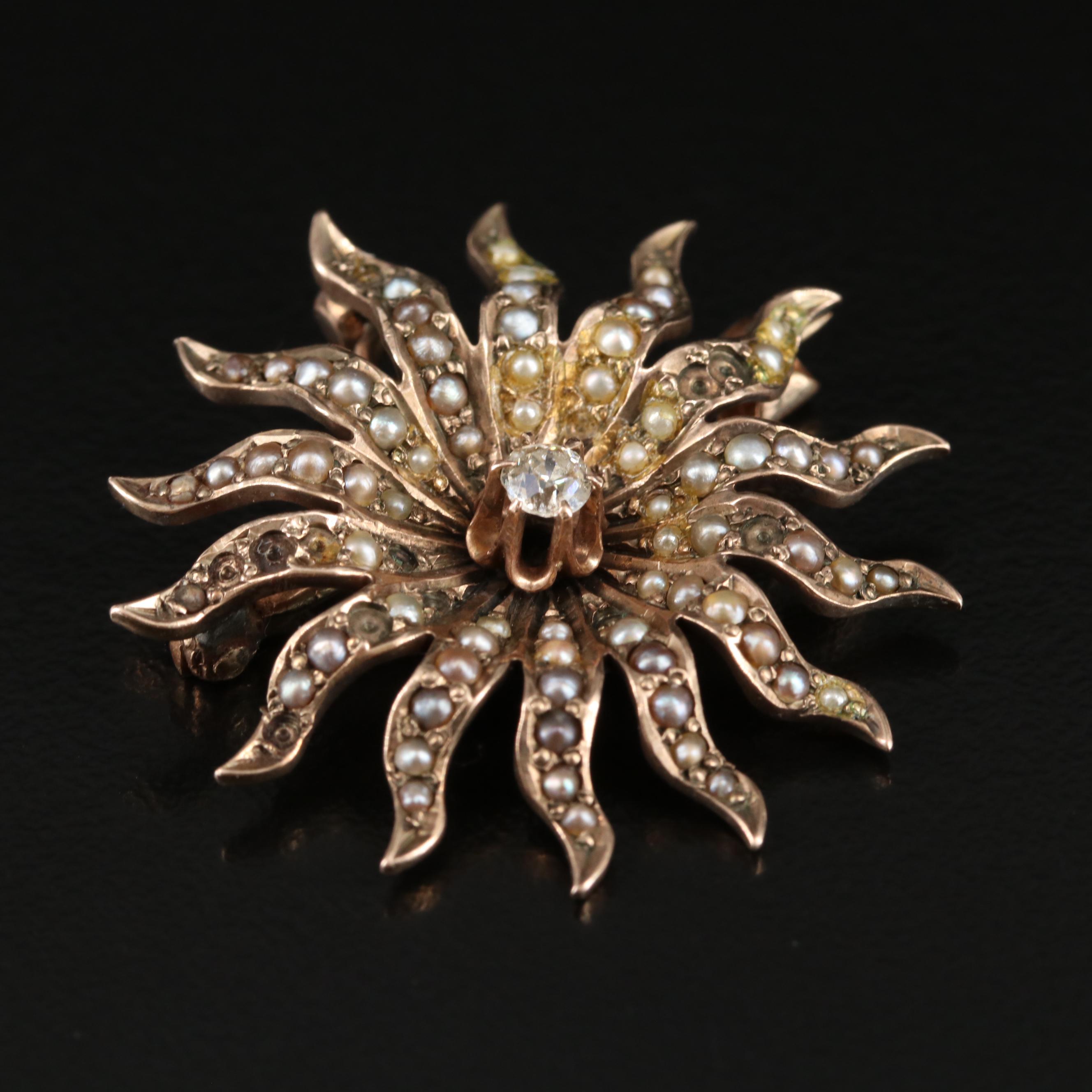 Victorian 9K 0.10 CT Diamond Sunburst Converter Brooch