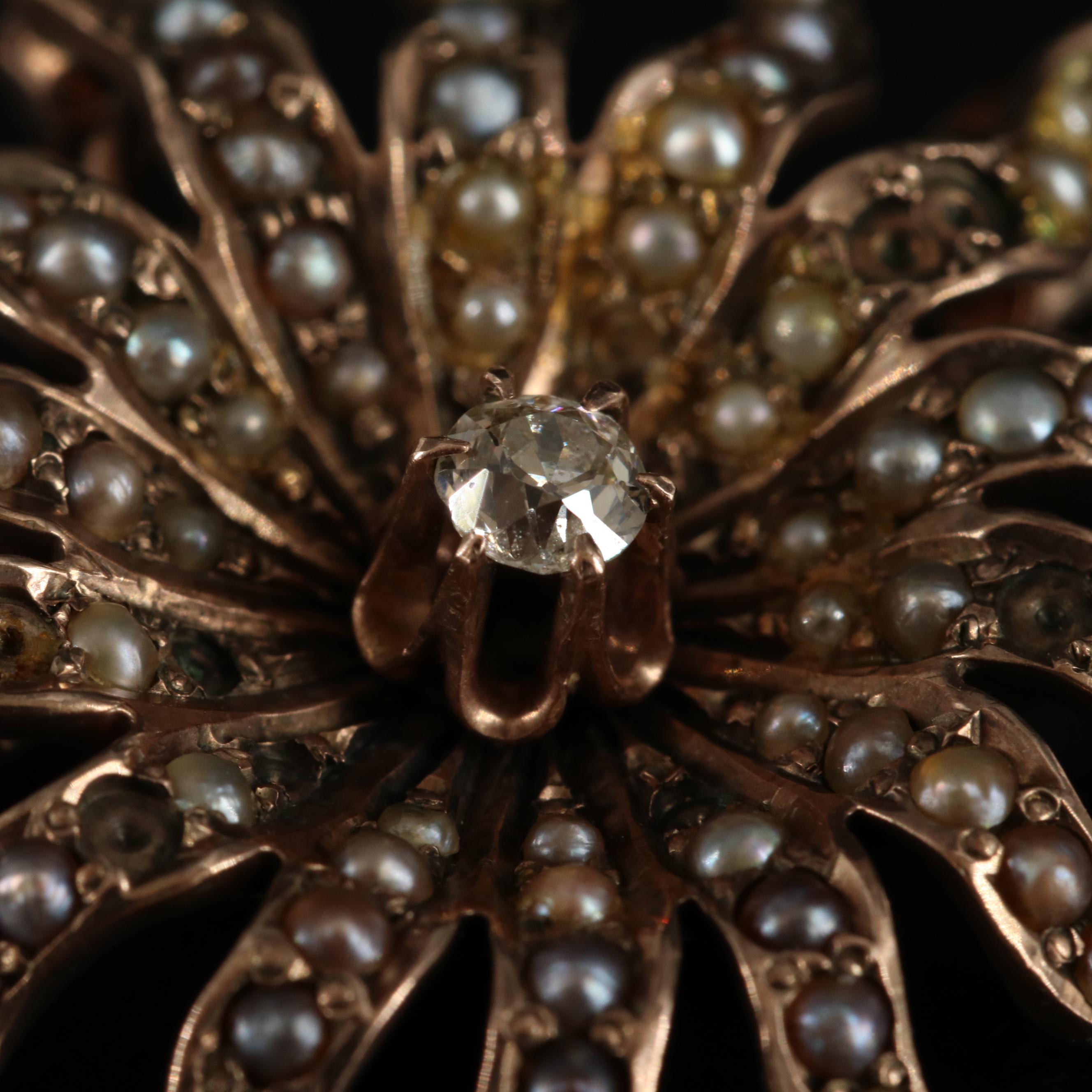 Victorian 9K 0.10 CT Diamond Sunburst Converter Brooch