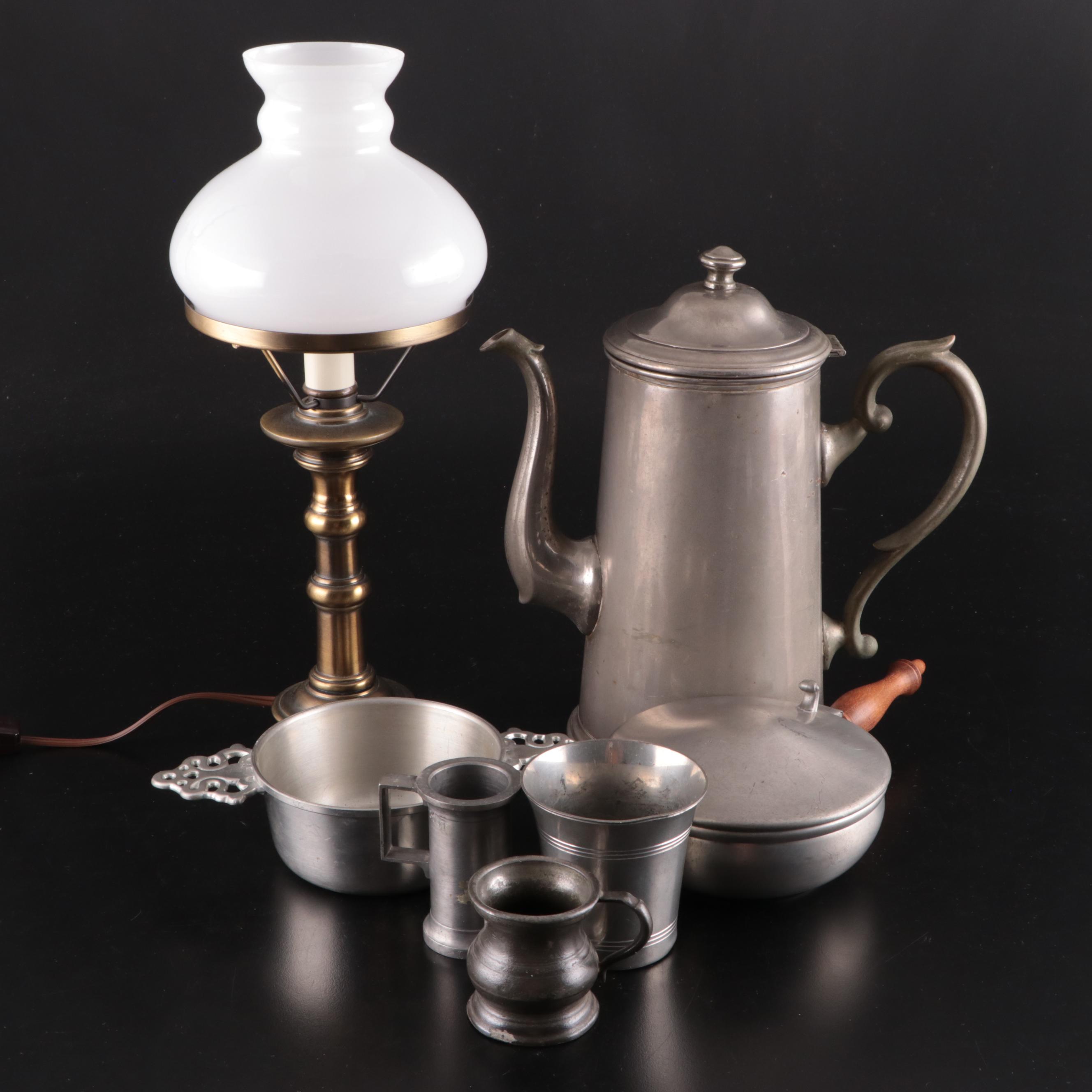 Candlestick Form Brass Table Lamp, Woodbury Pewter Porringer, and More