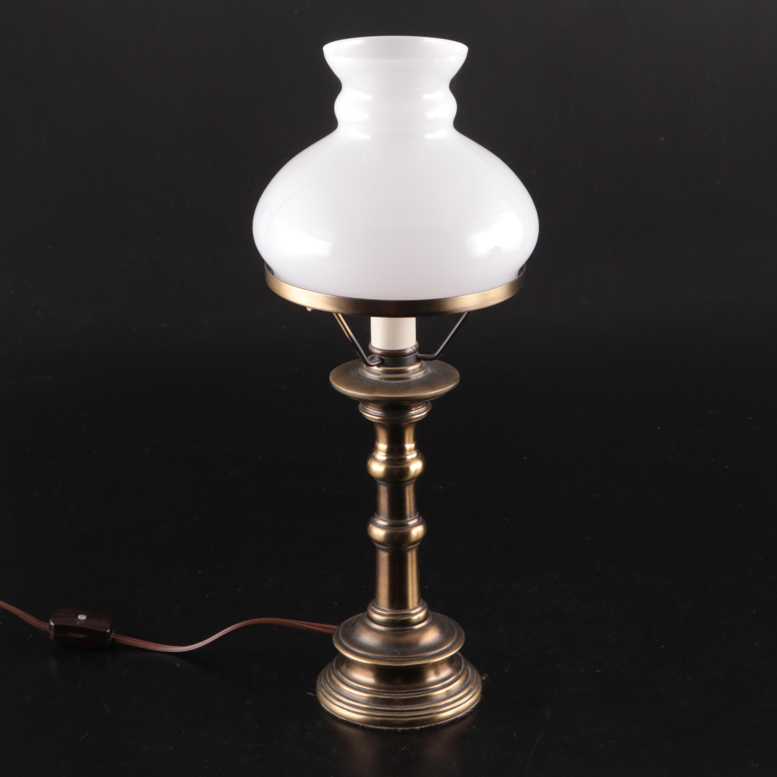 Candlestick Form Brass Table Lamp, Woodbury Pewter Porringer, and More