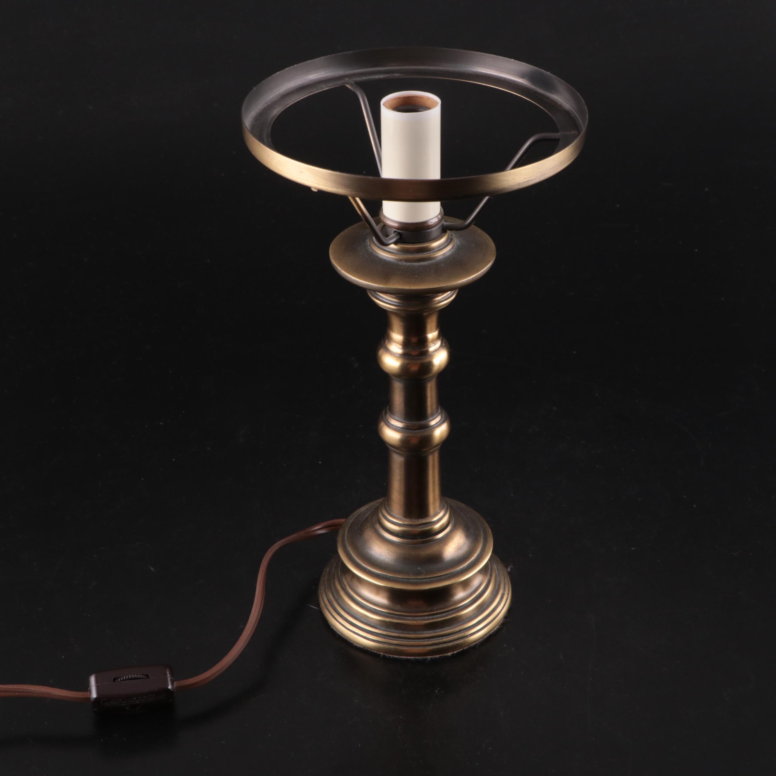 Candlestick Form Brass Table Lamp, Woodbury Pewter Porringer, and More
