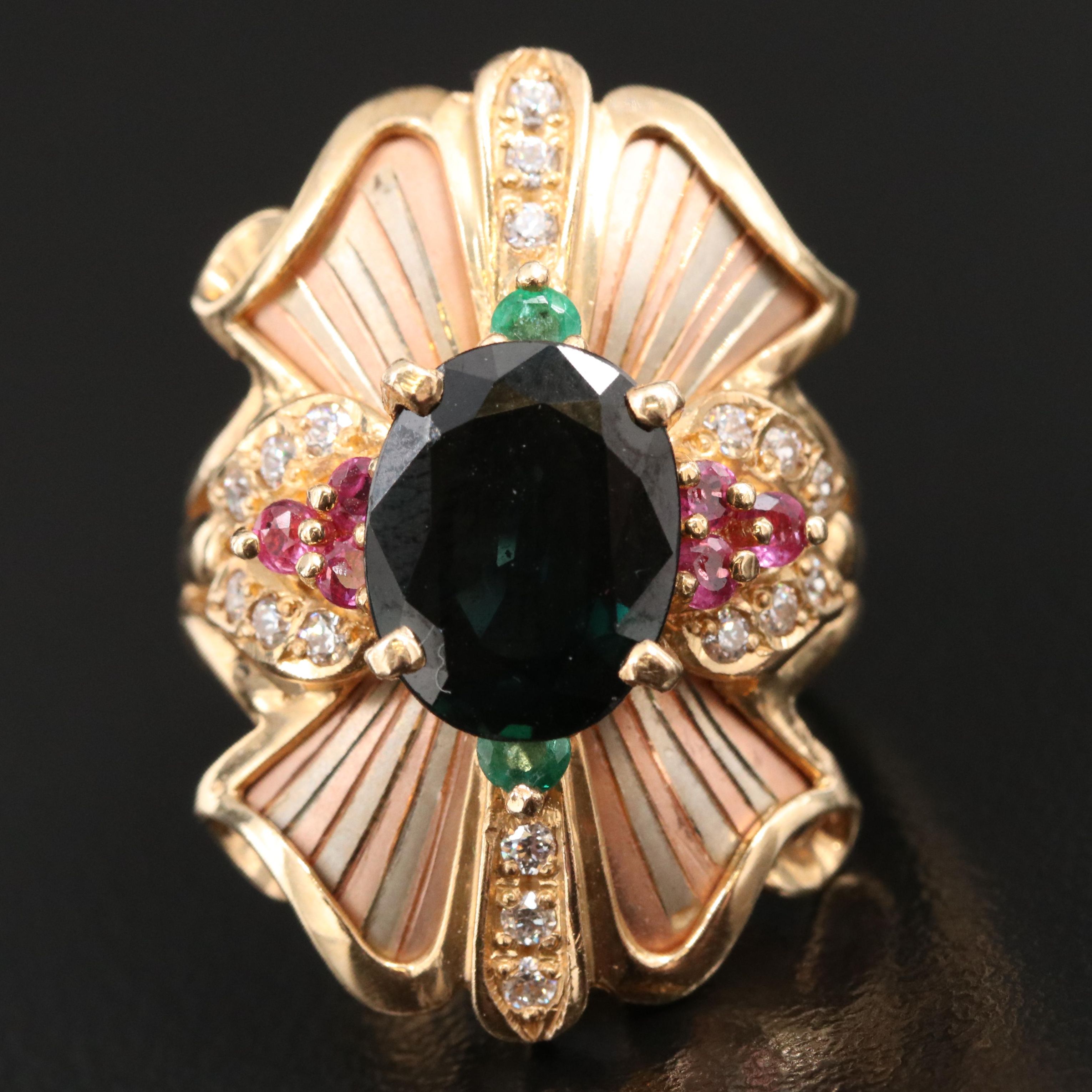 14K Tri-Color 4.16 CT Sapphire, Ruby and Emerald Ring with Cubic Zirconia