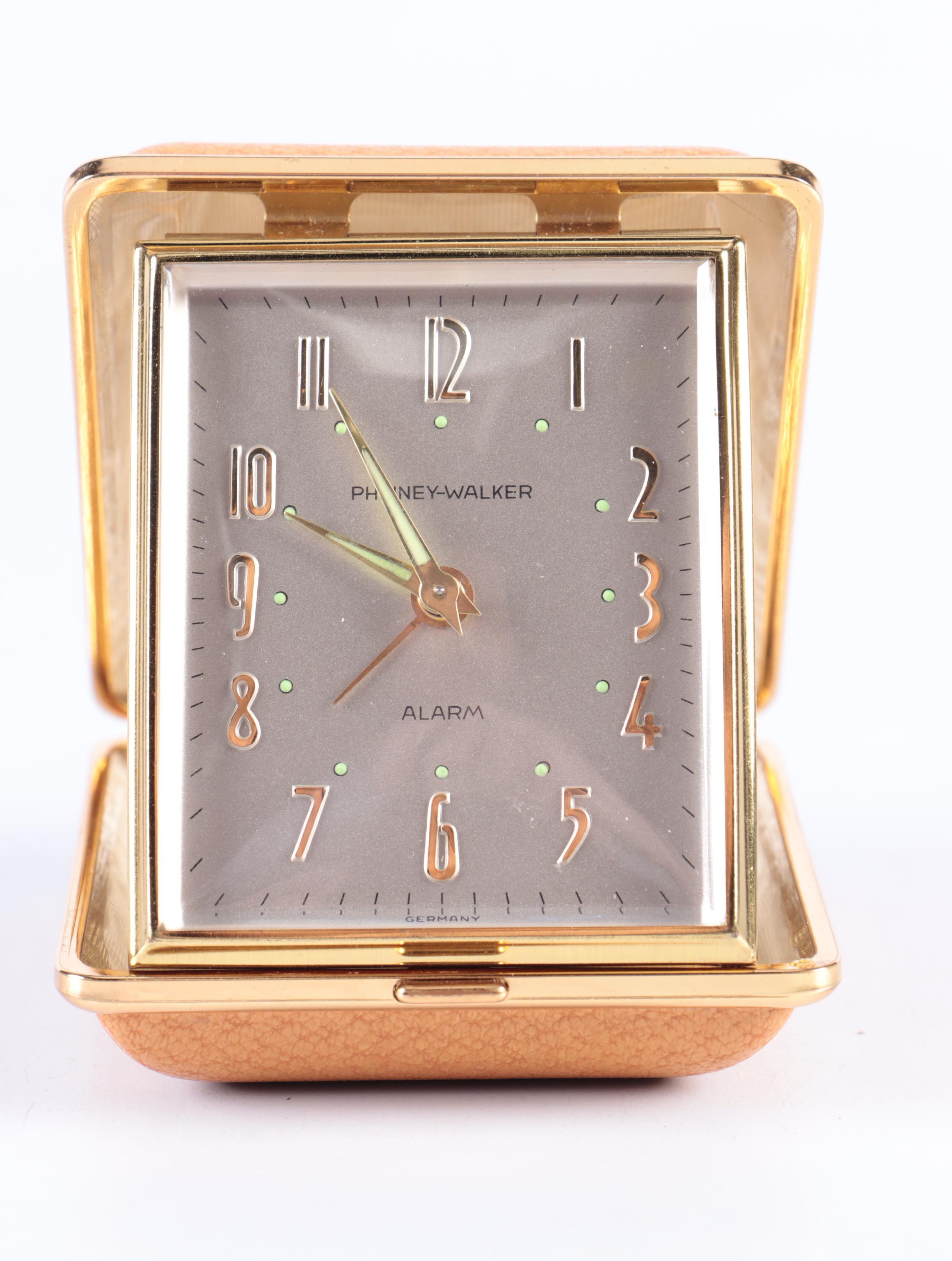 Phinney-Walker Gilt Metal Travel Alarm Clock with Hardshell Case, 1950s