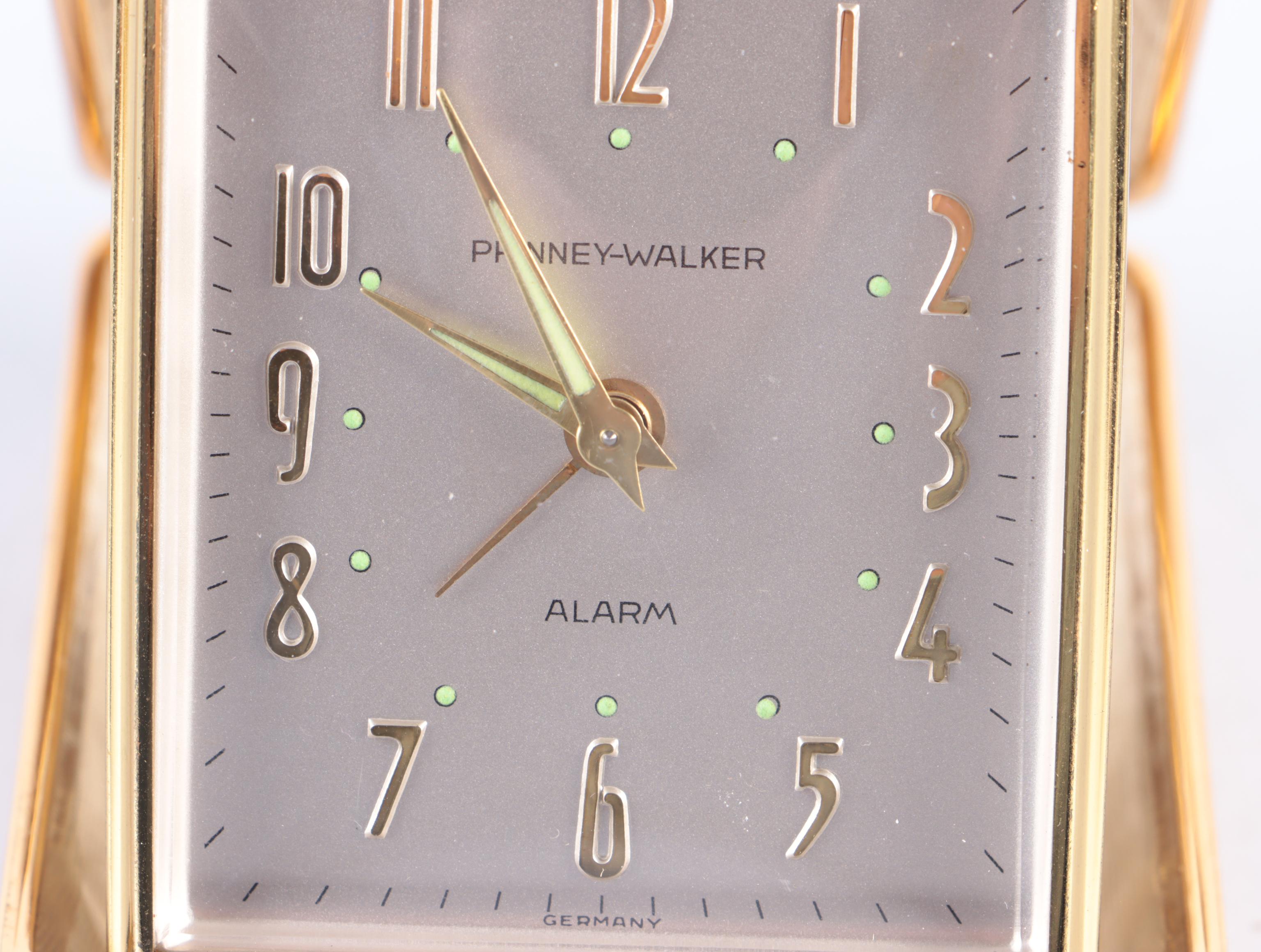 Phinney-Walker Gilt Metal Travel Alarm Clock with Hardshell Case, 1950s