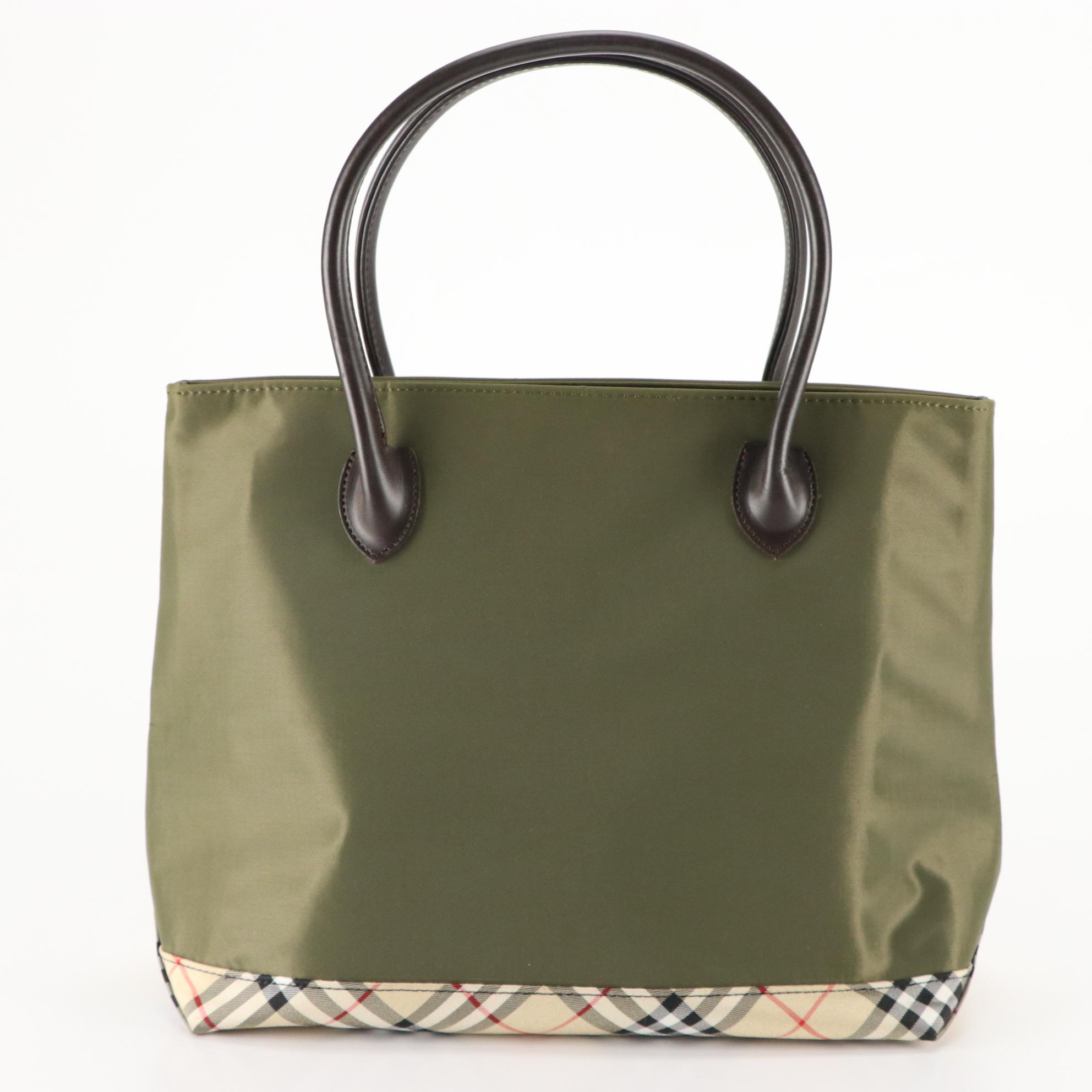 Burberrys Blue Label Green Nylon Tote Bag with Nova Check Trim & Leather Handle