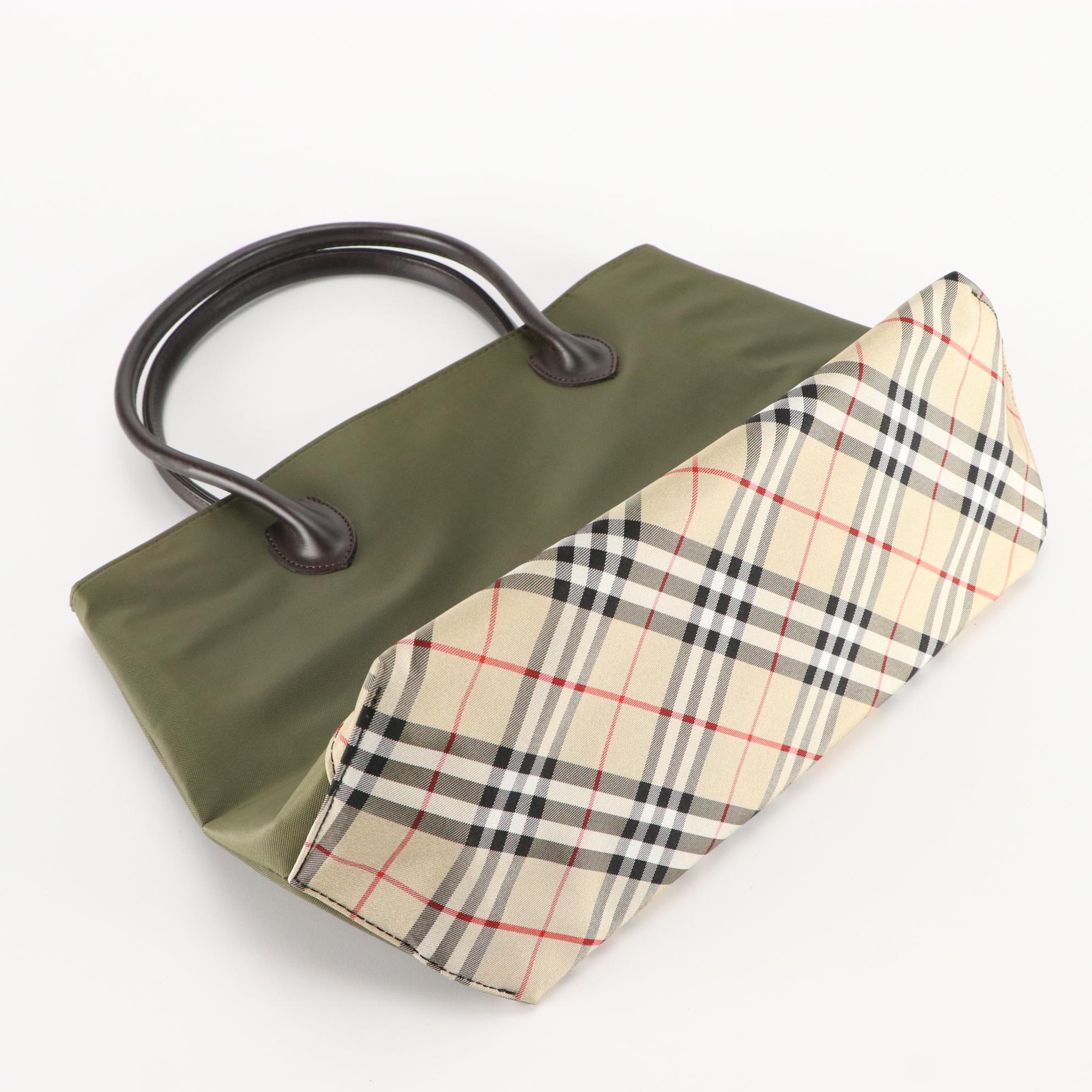 Burberrys Blue Label Green Nylon Tote Bag with Nova Check Trim & Leather Handle