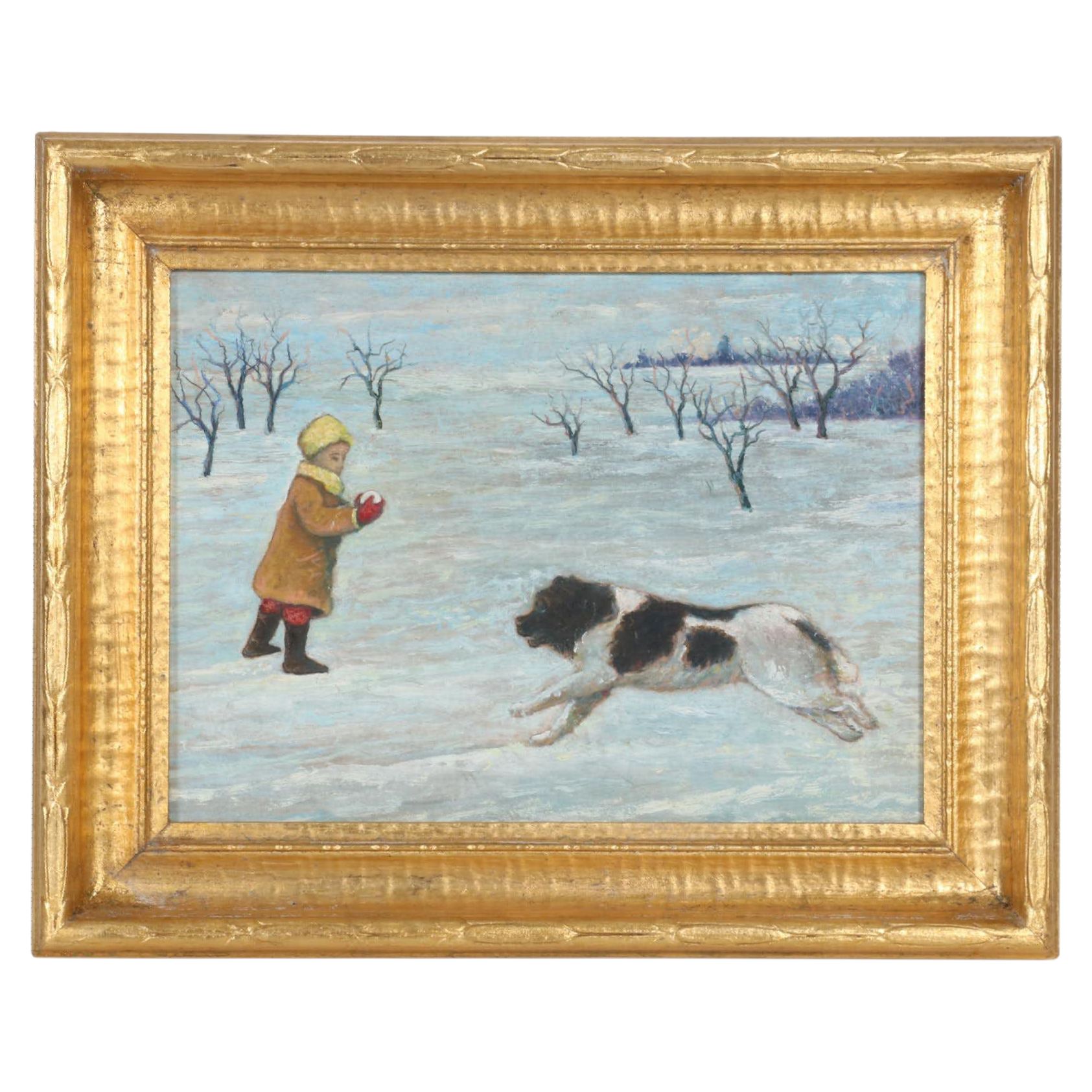 Winter Landscape Oil Painting of Child Playing With Dog