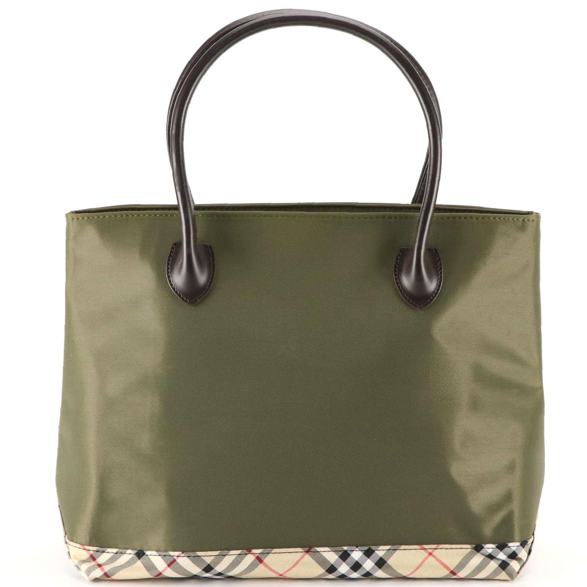 Burberrys Blue Label Green Nylon Tote Bag with Nova Check Trim & Leather Handle
