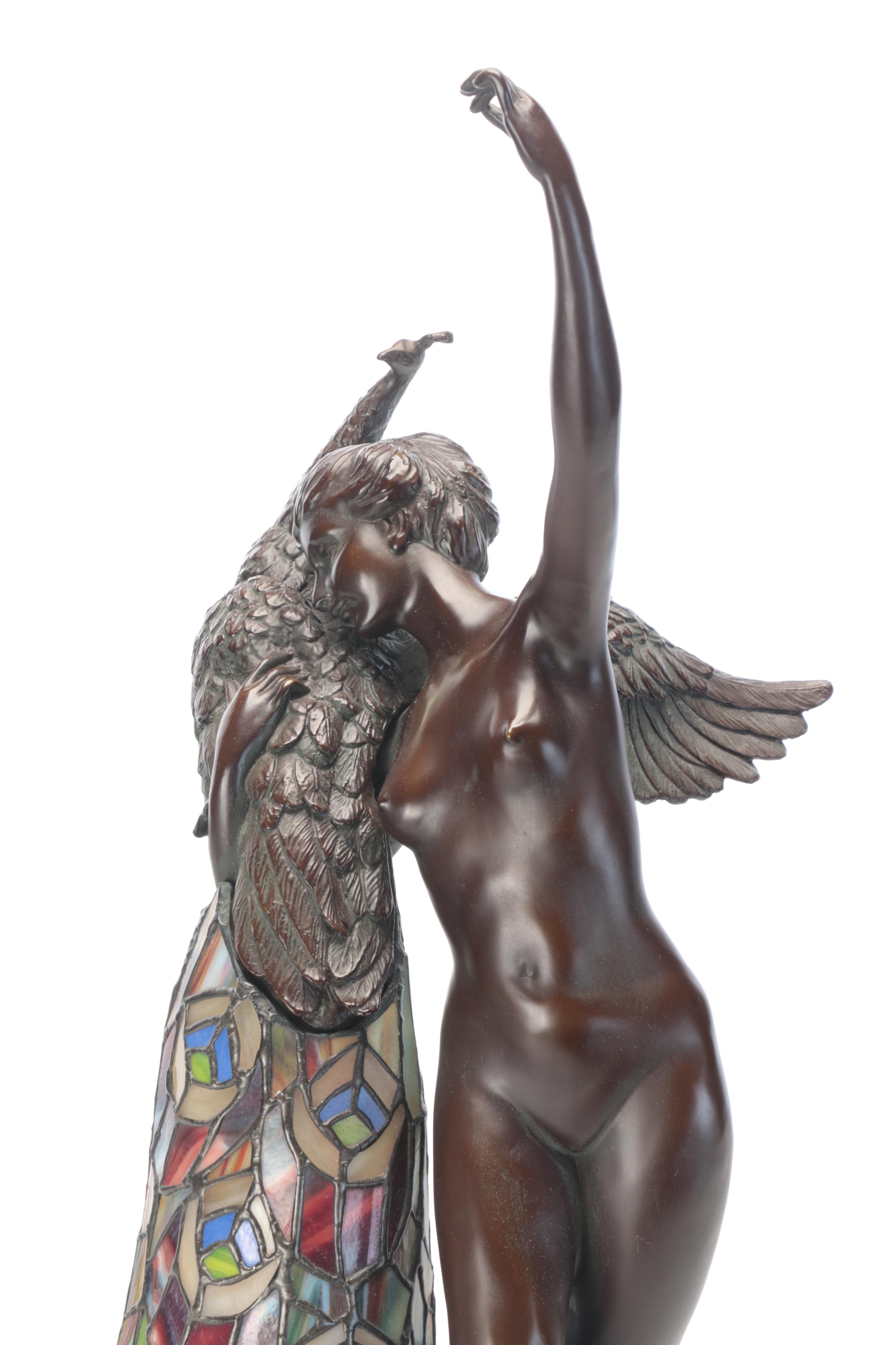 Art Nouveau Style Slag Glass and Metal Nude Woman and Peacock Figural Table Lamp