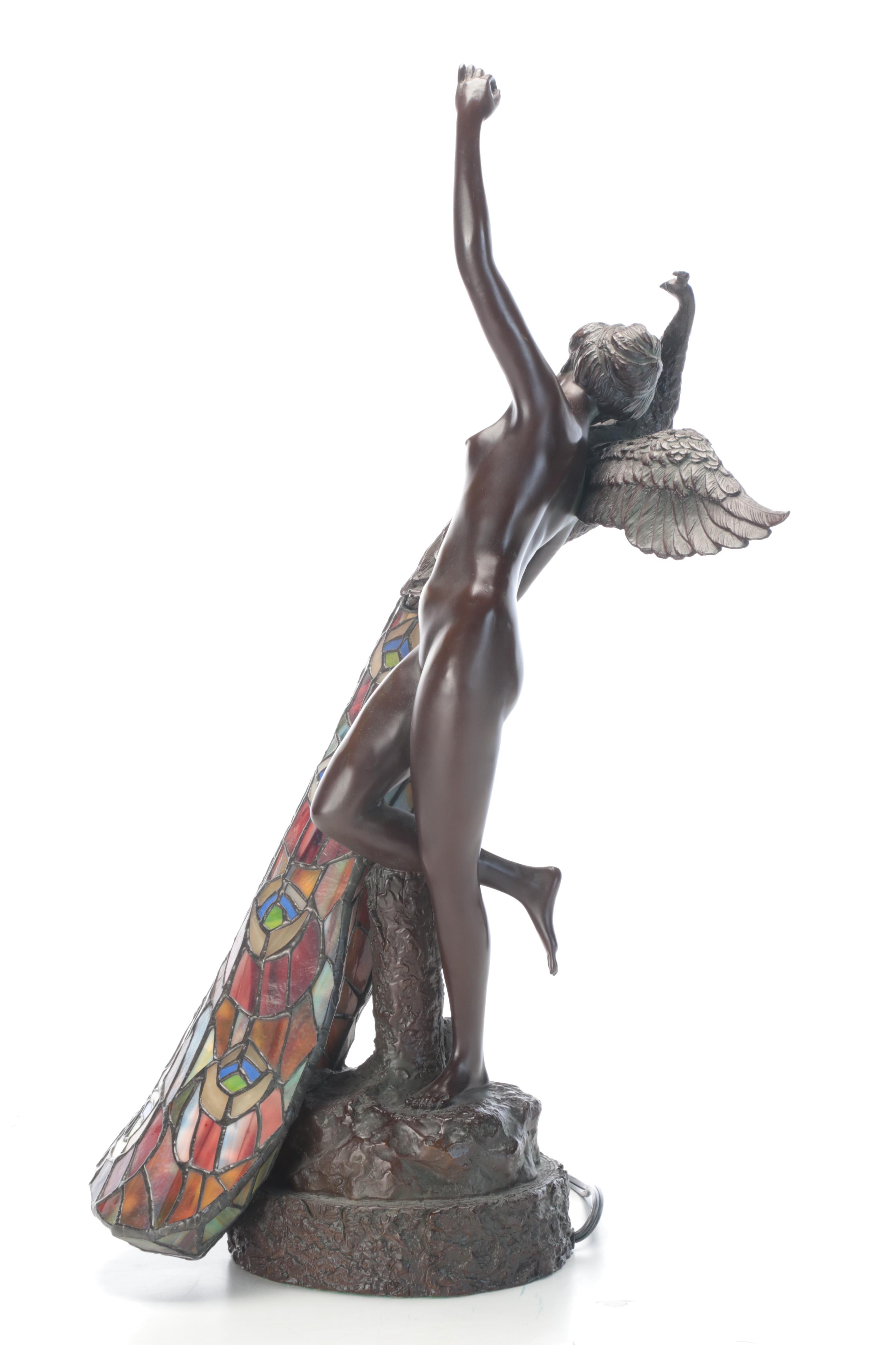 Art Nouveau Style Slag Glass and Metal Nude Woman and Peacock Figural Table Lamp