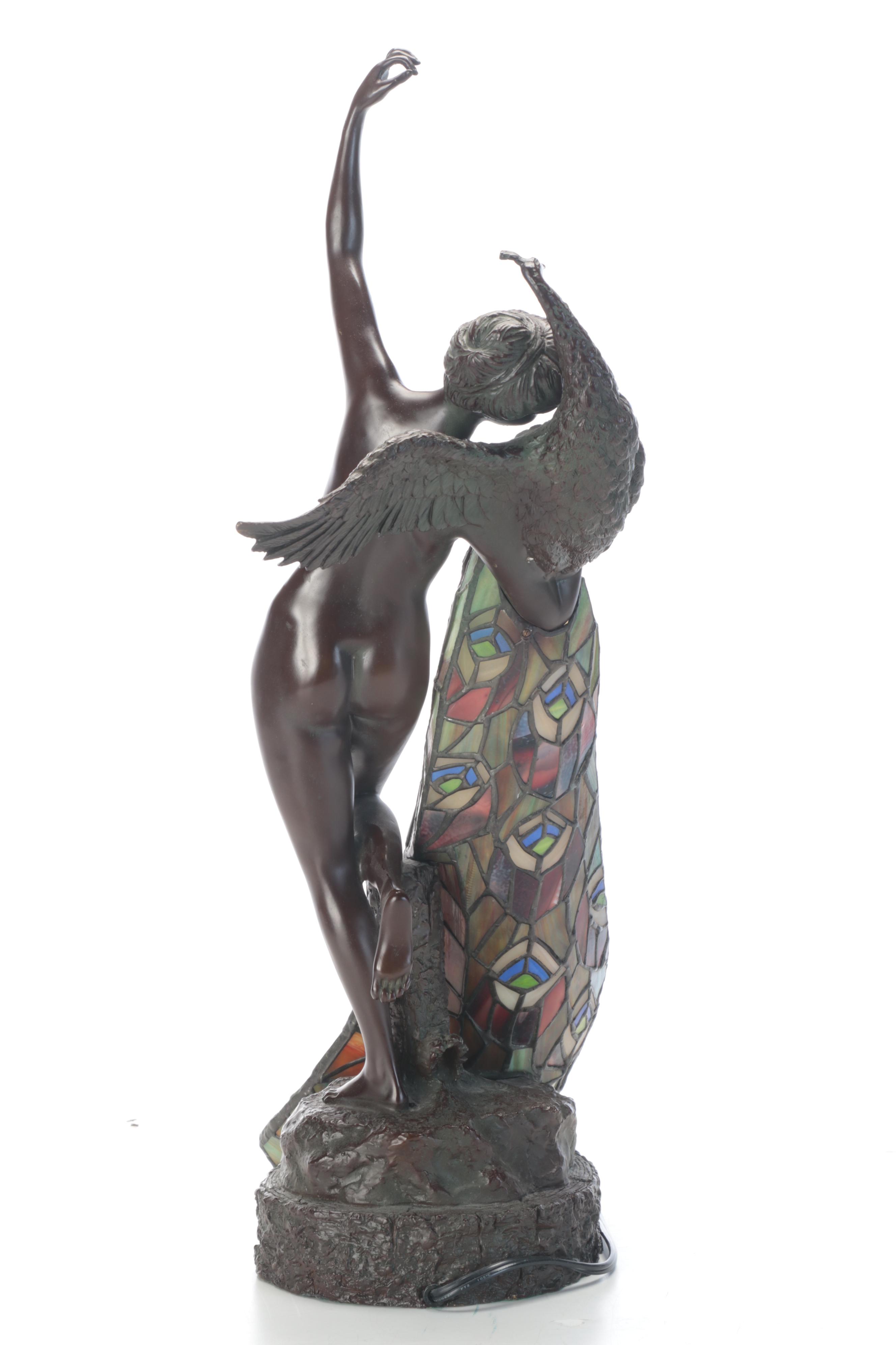 Art Nouveau Style Slag Glass and Metal Nude Woman and Peacock Figural Table Lamp