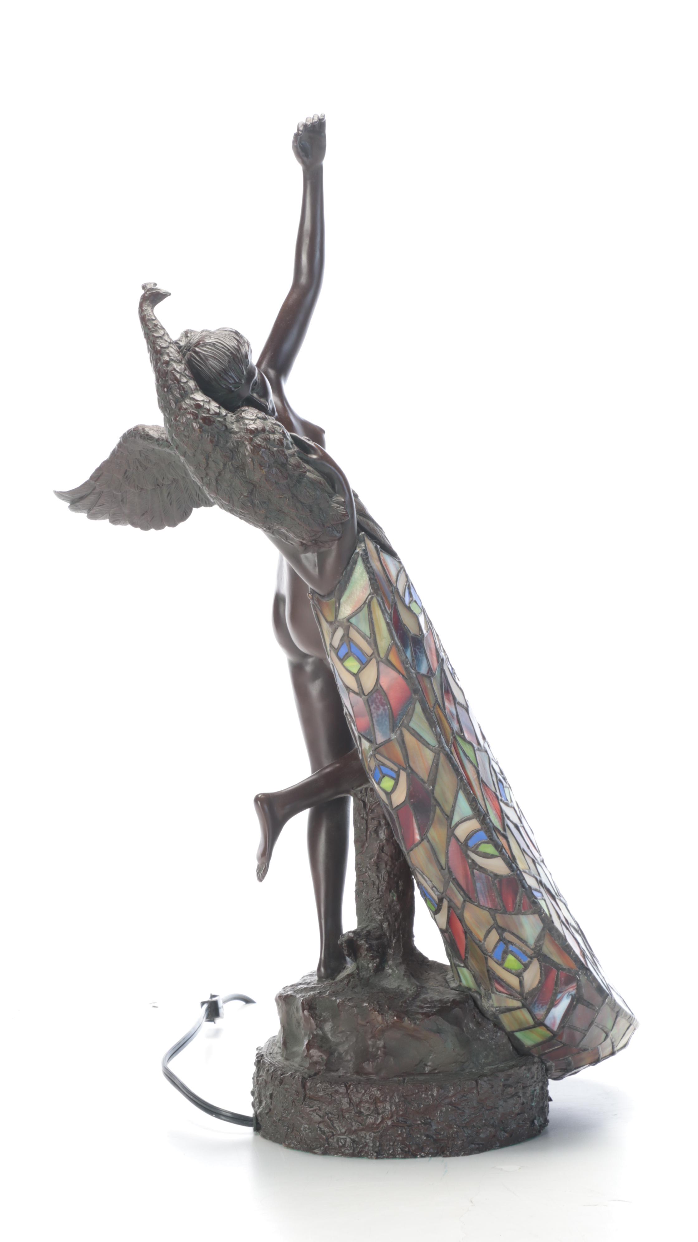 Art Nouveau Style Slag Glass and Metal Nude Woman and Peacock Figural Table Lamp