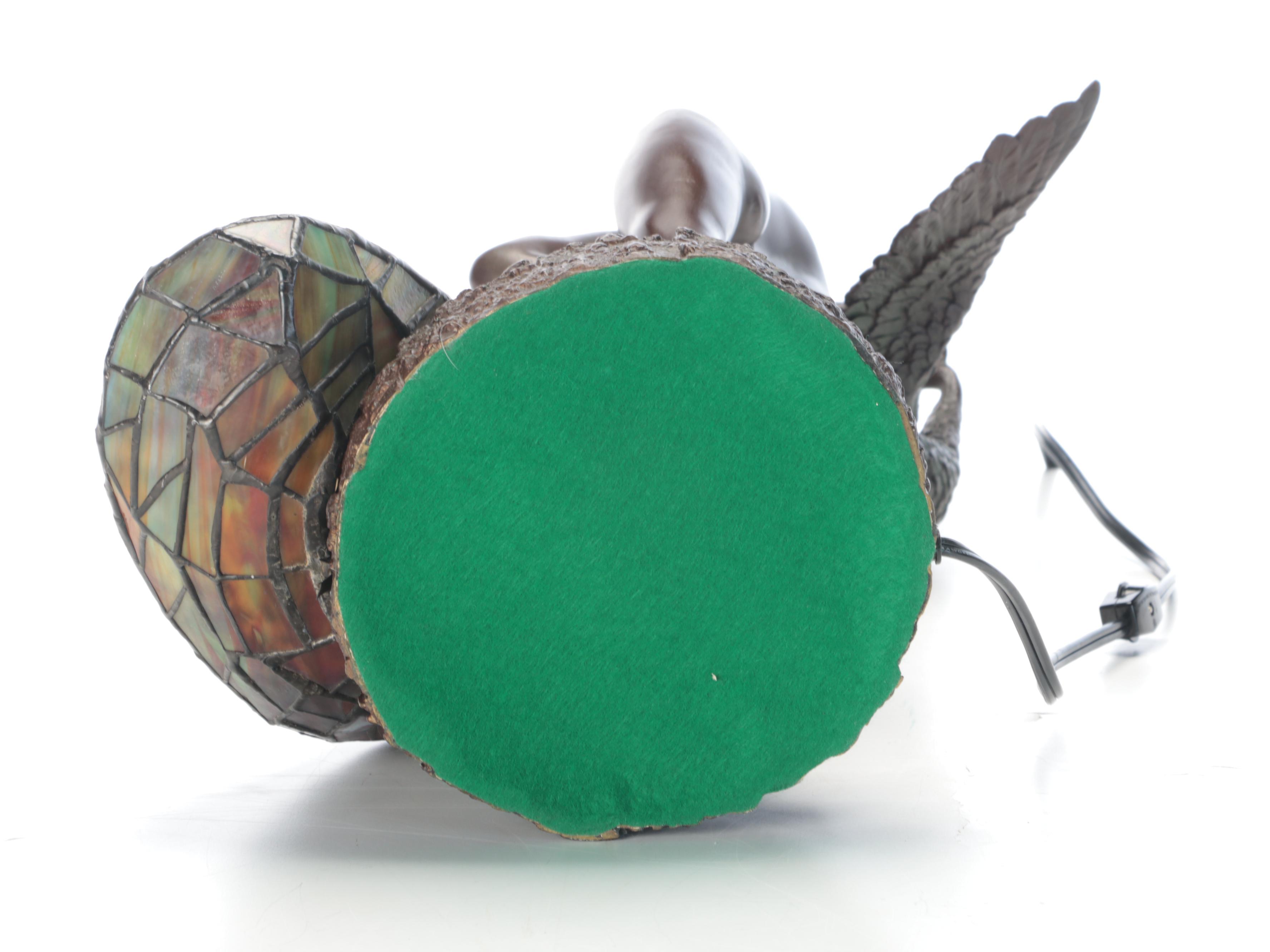 Art Nouveau Style Slag Glass and Metal Nude Woman and Peacock Figural Table Lamp