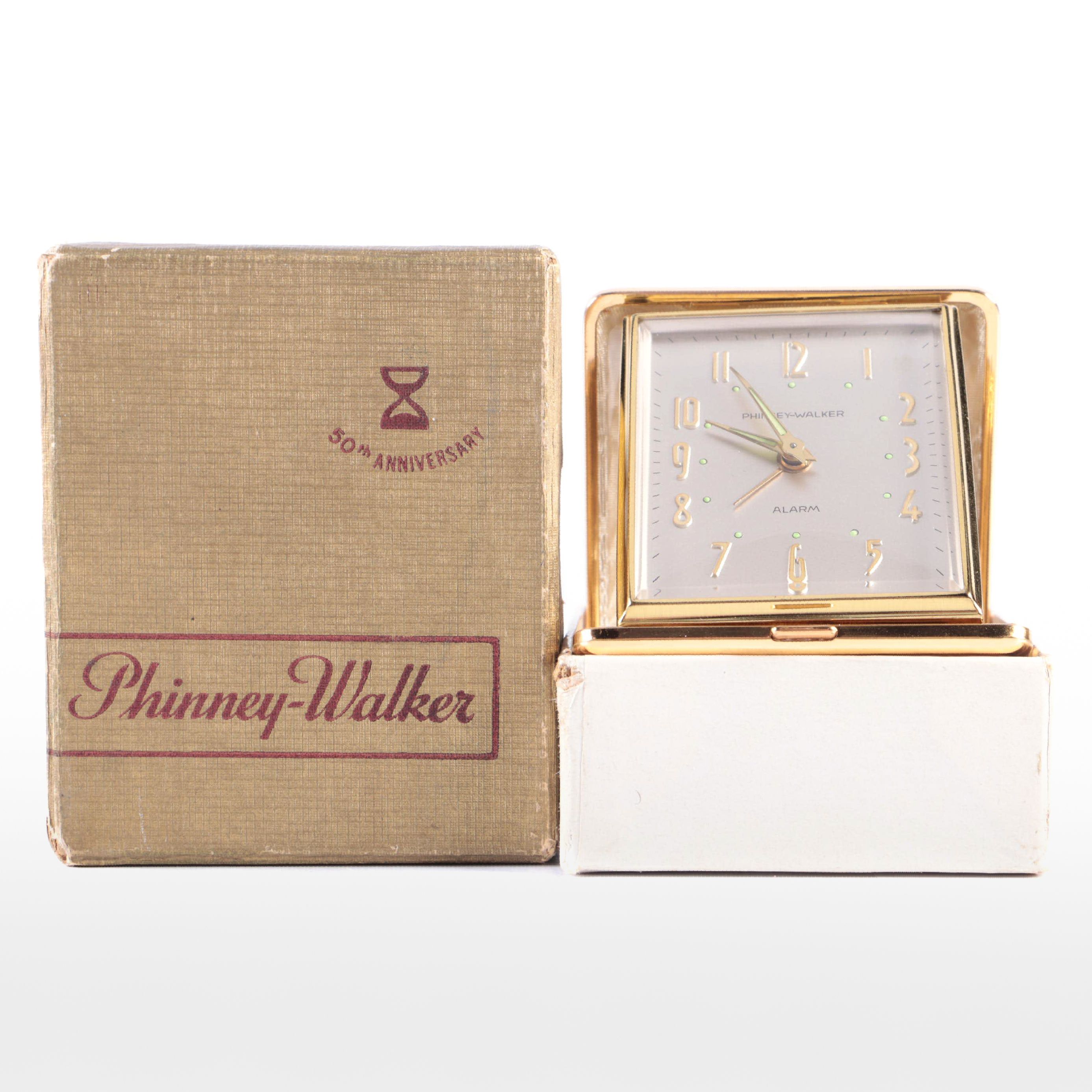 Phinney-Walker Gilt Metal Travel Alarm Clock with Hardshell Case, 1950s