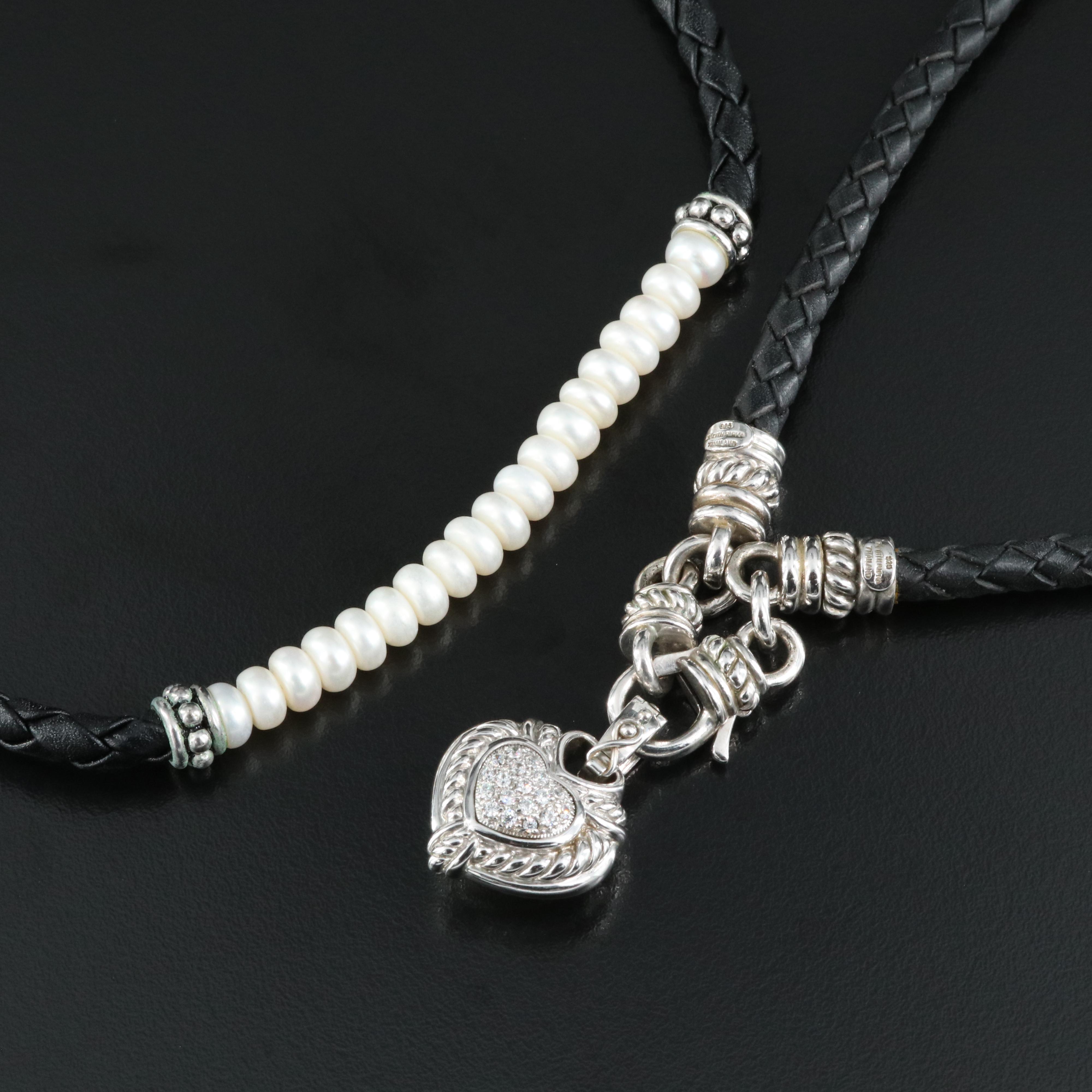 Sterling Braided Leather Cord Necklaces Including Judith Ripka