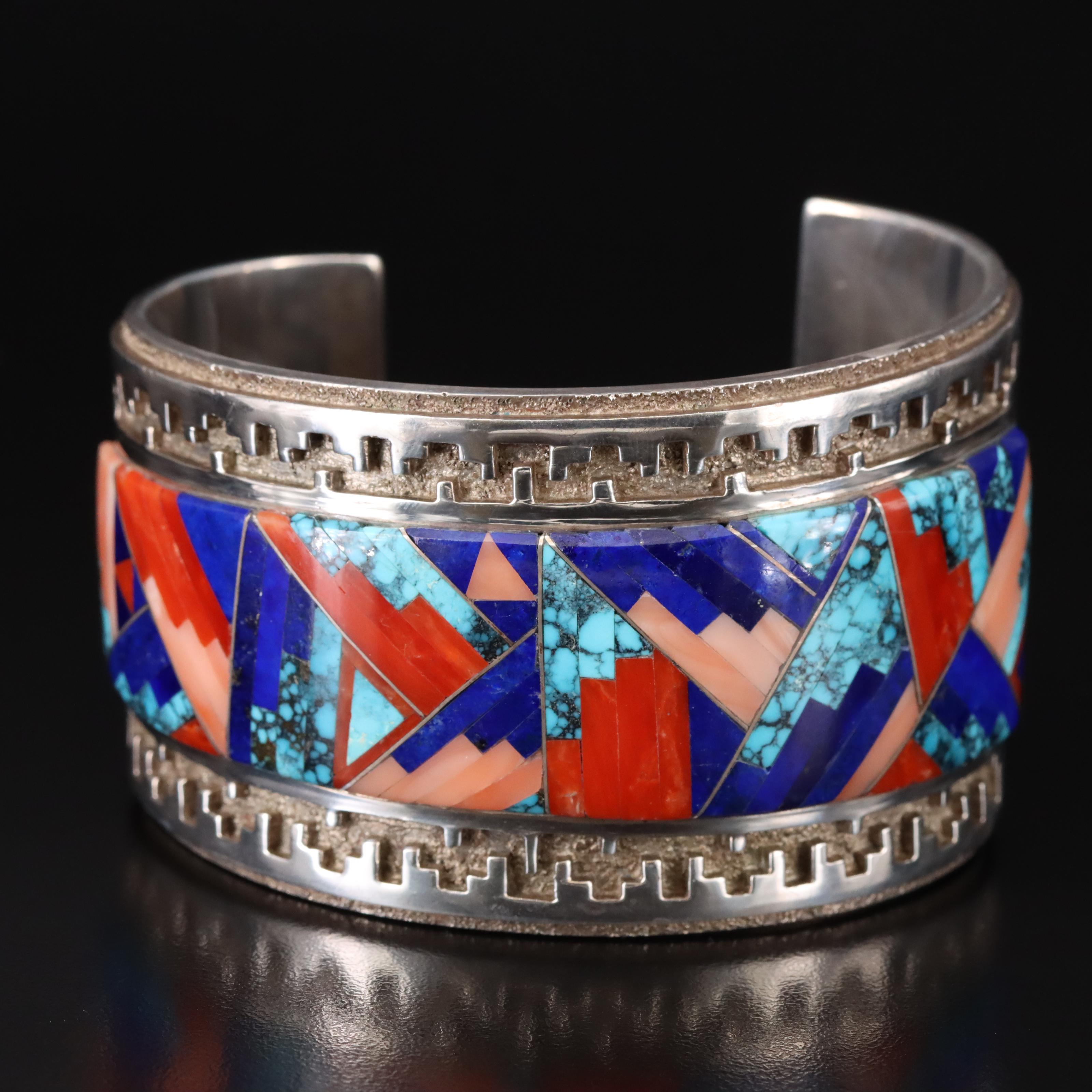 Tommy Jackson Navajo Diné Sterling Multi-Gemstone Inlay Bracelet
