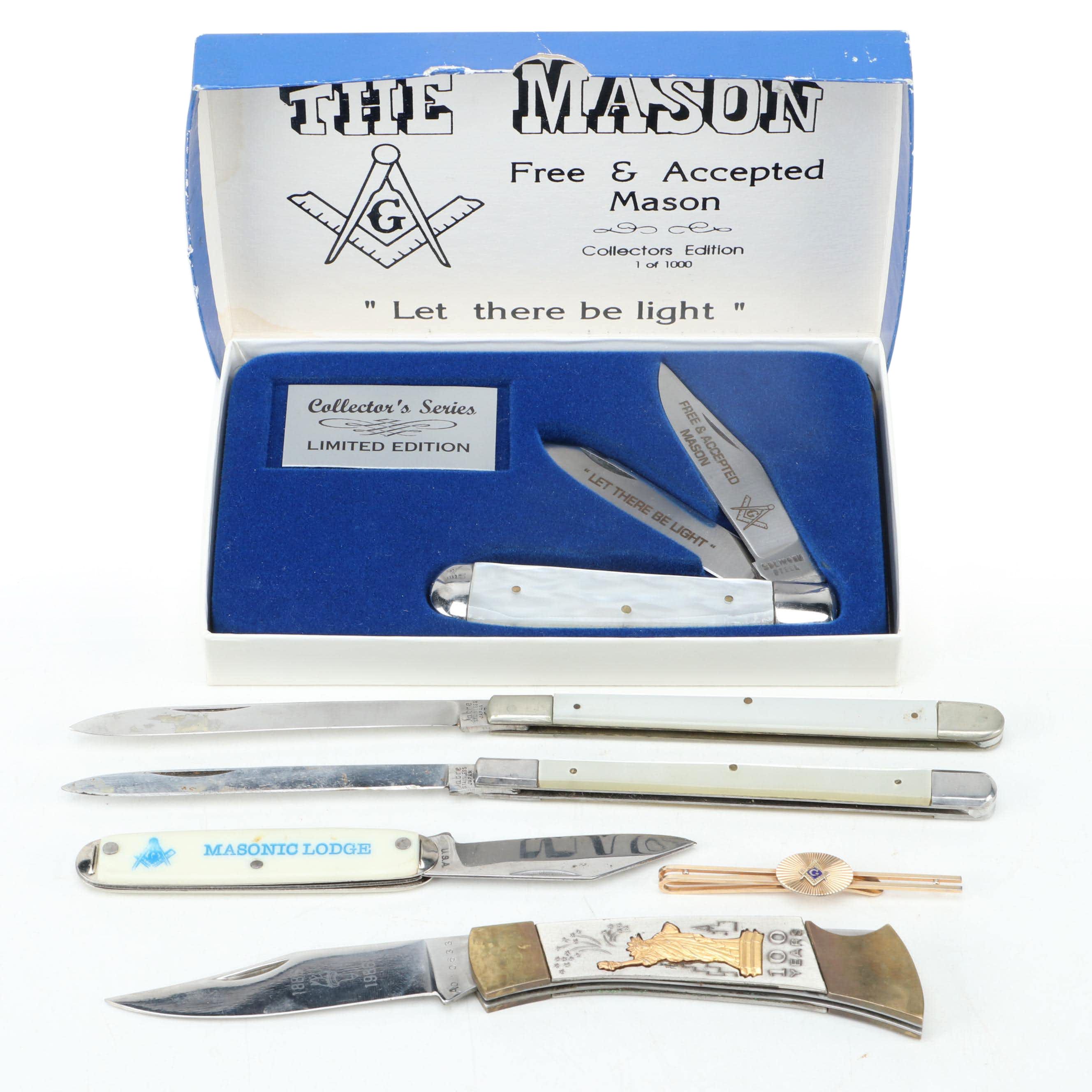 Krementz Masonic Tie Clip with Masonic and Other Pocket Knives