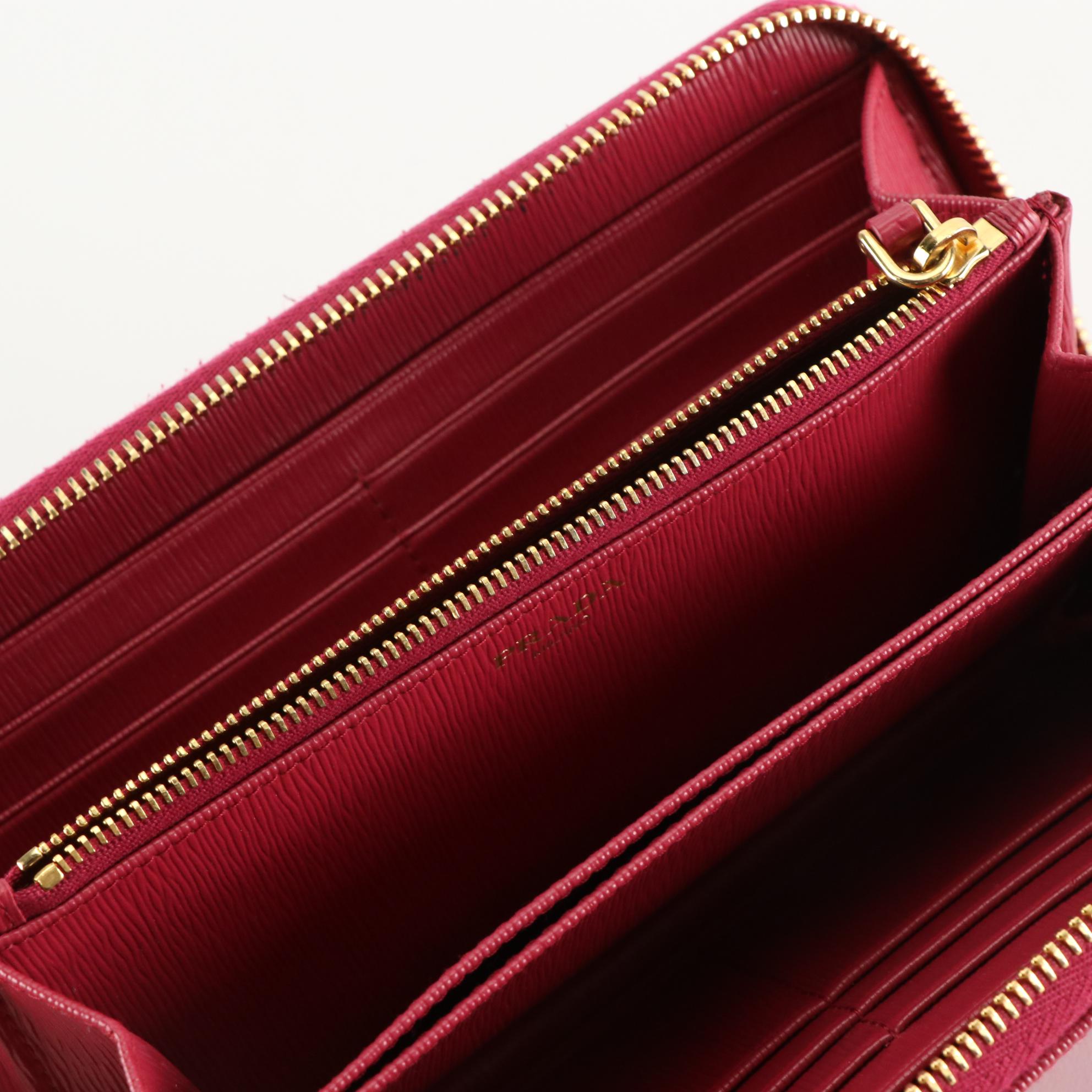 Prada Long Zip Around Wallet in Magenta Tessuto Nylon and Leather Trim, with Box