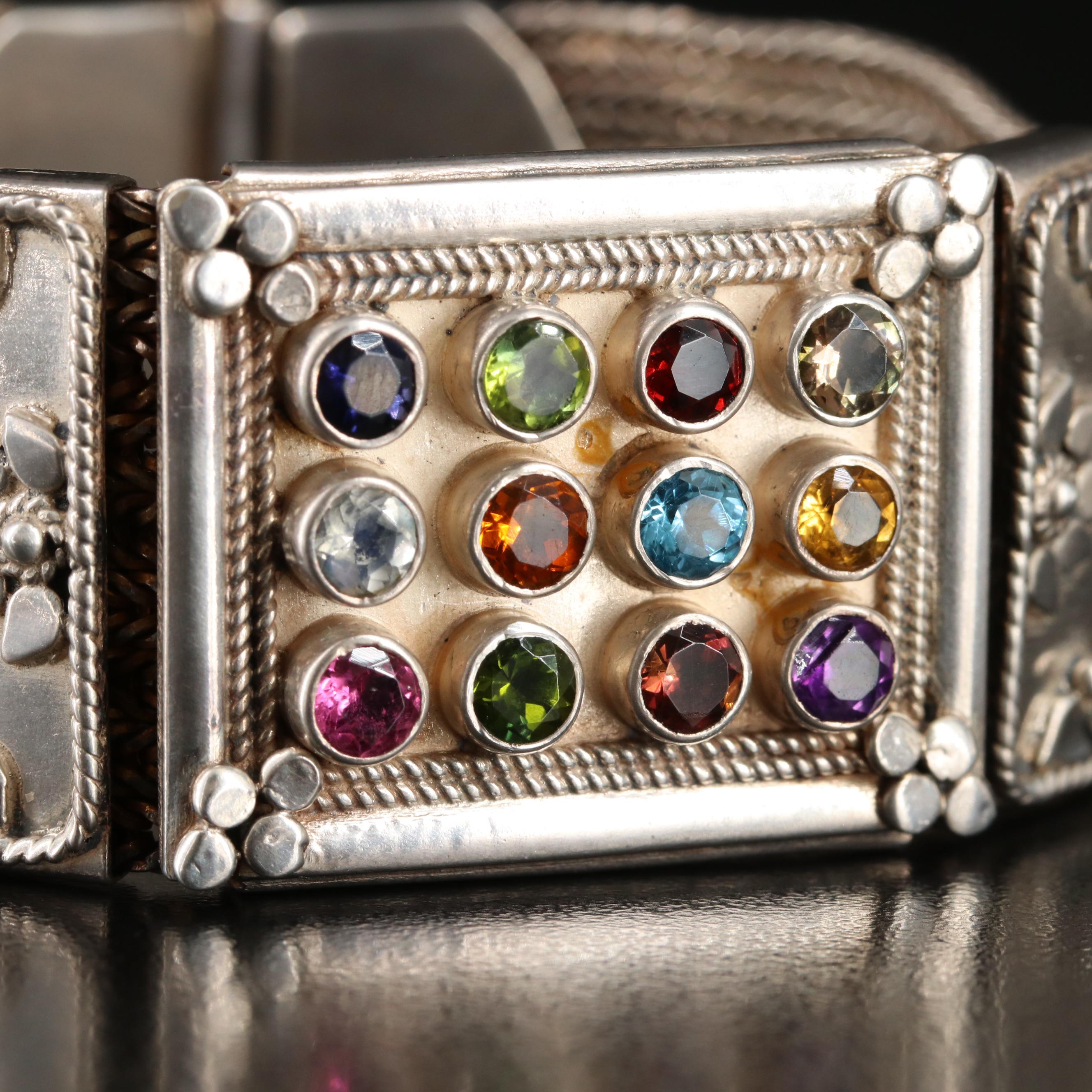 Sterling Gemstone Ephod Bracelet with Foxtail Chains