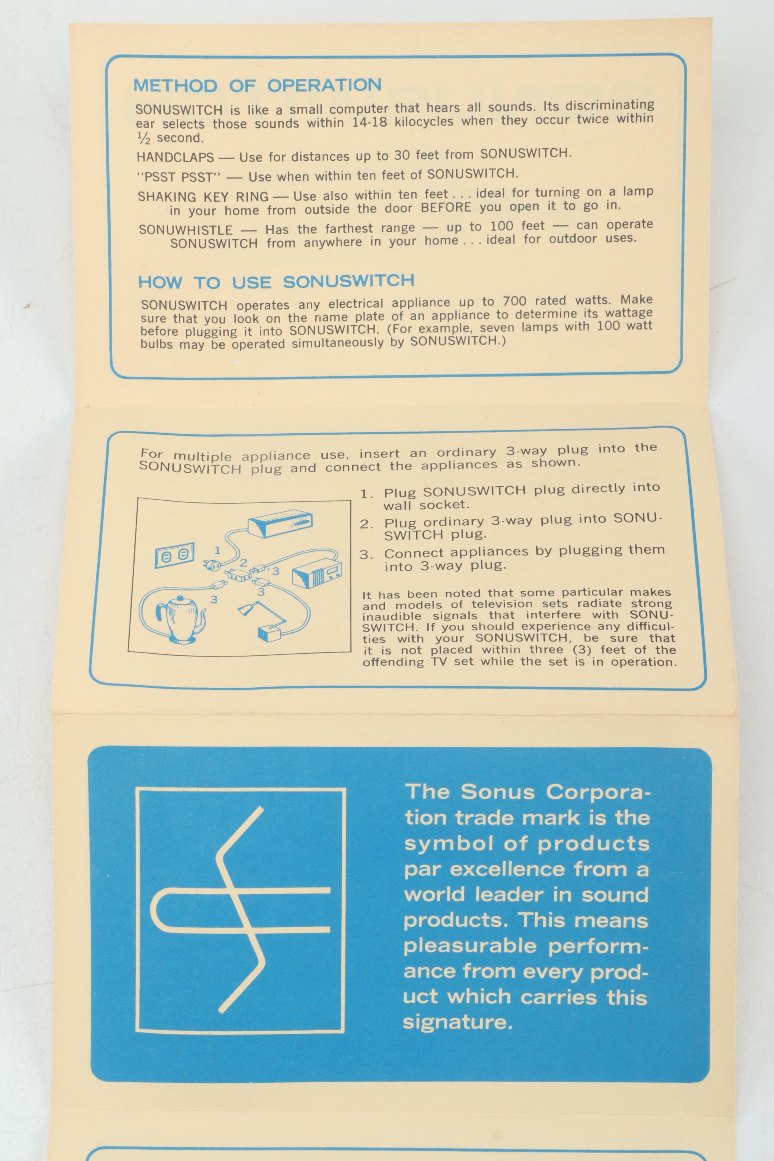 Sonus Corporation Sonuswitch Sound-Activated Remote Device, circa 1965