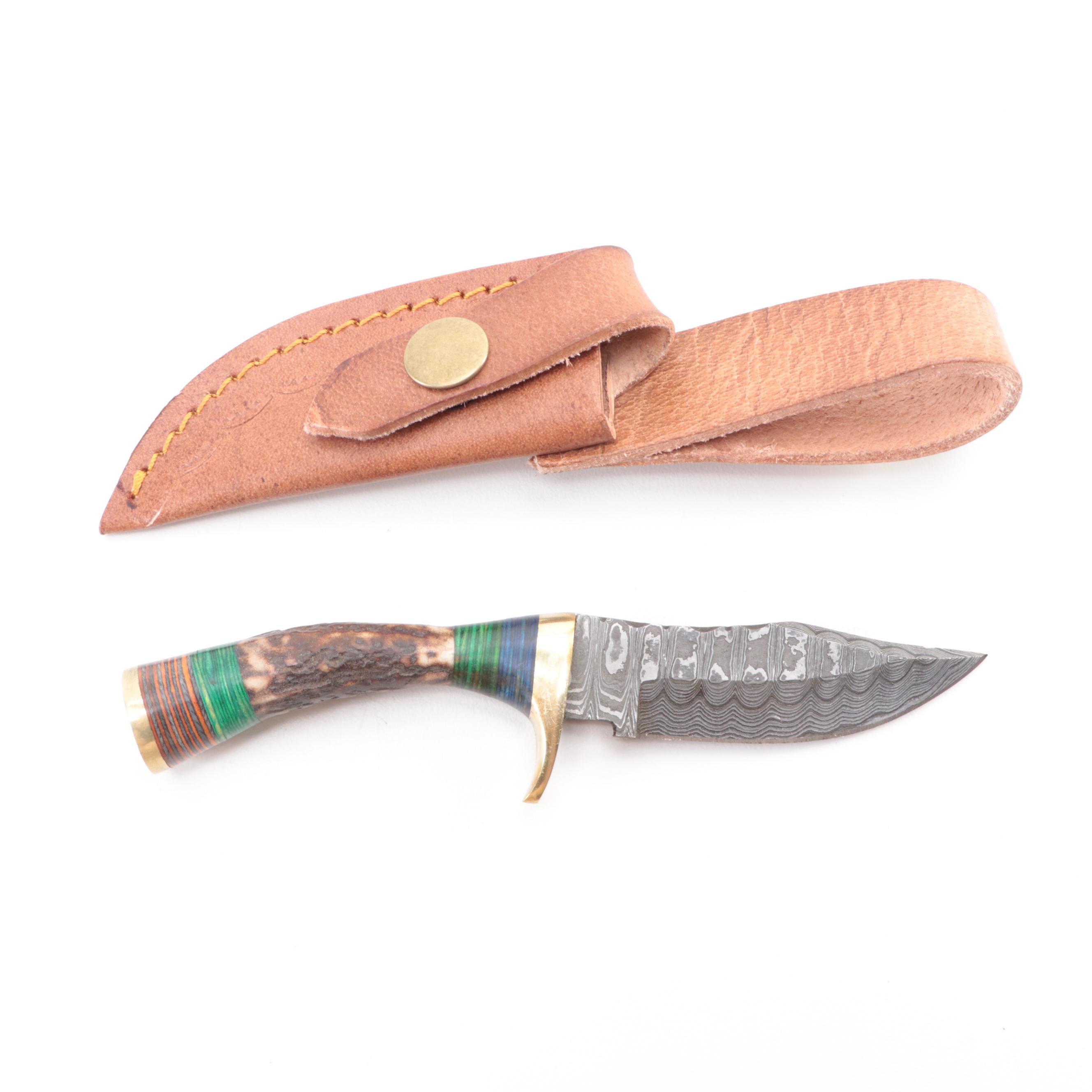 Damascus Steel and Antler Handled Fixed Blade Knives with Leather Scabbards