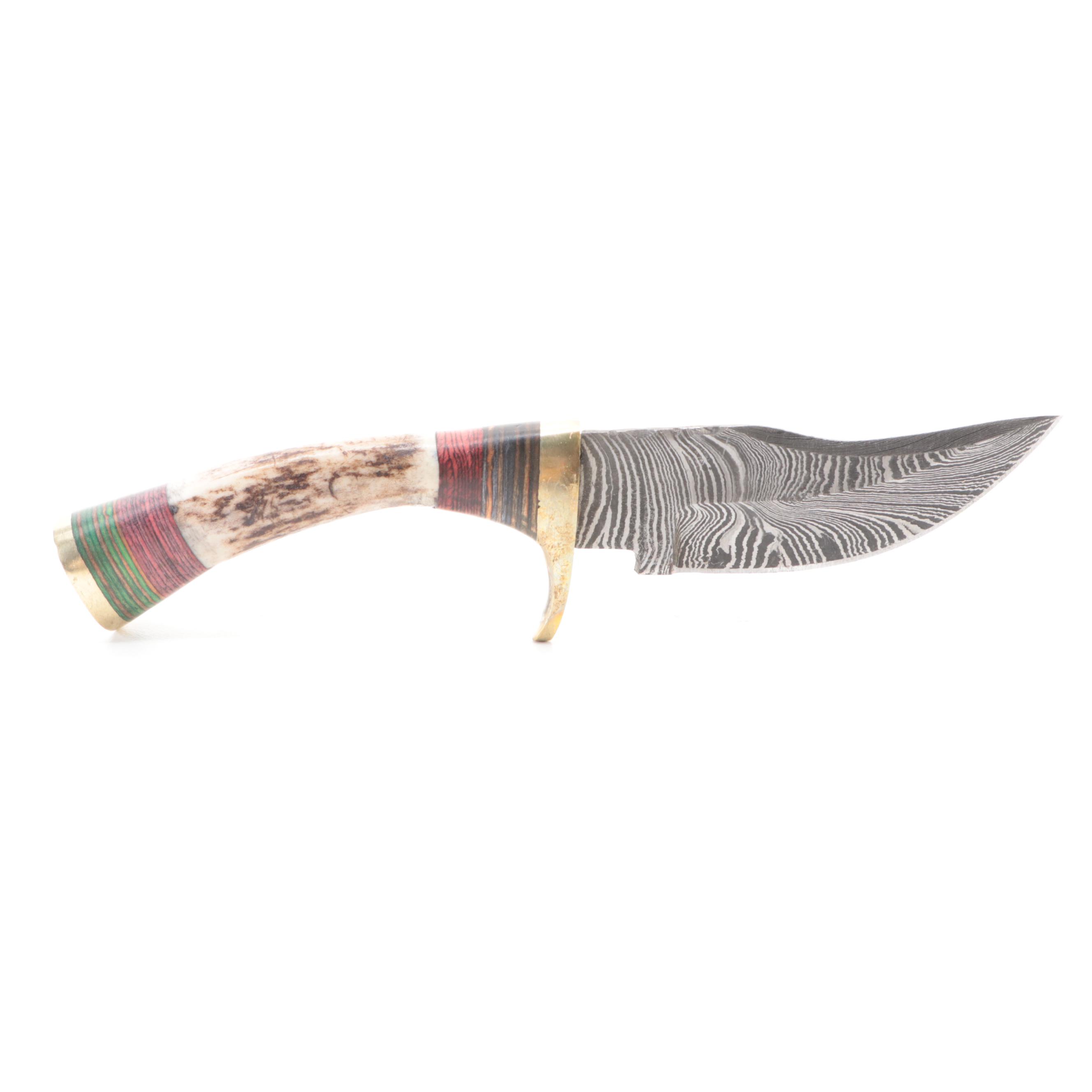 Damascus Steel and Antler Handled Fixed Blade Knives with Leather Scabbards