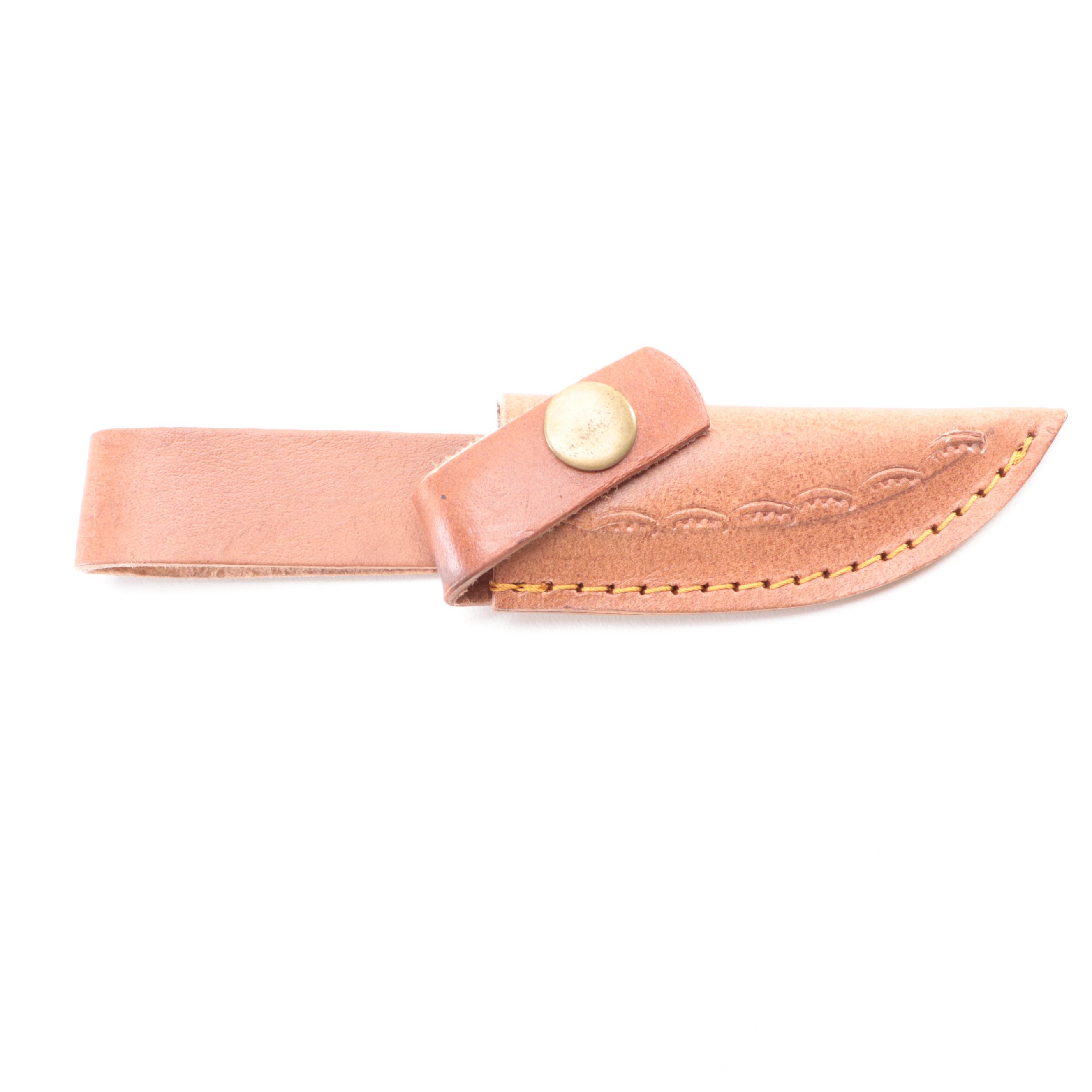 Damascus Steel and Antler Handled Fixed Blade Knives with Leather Scabbards