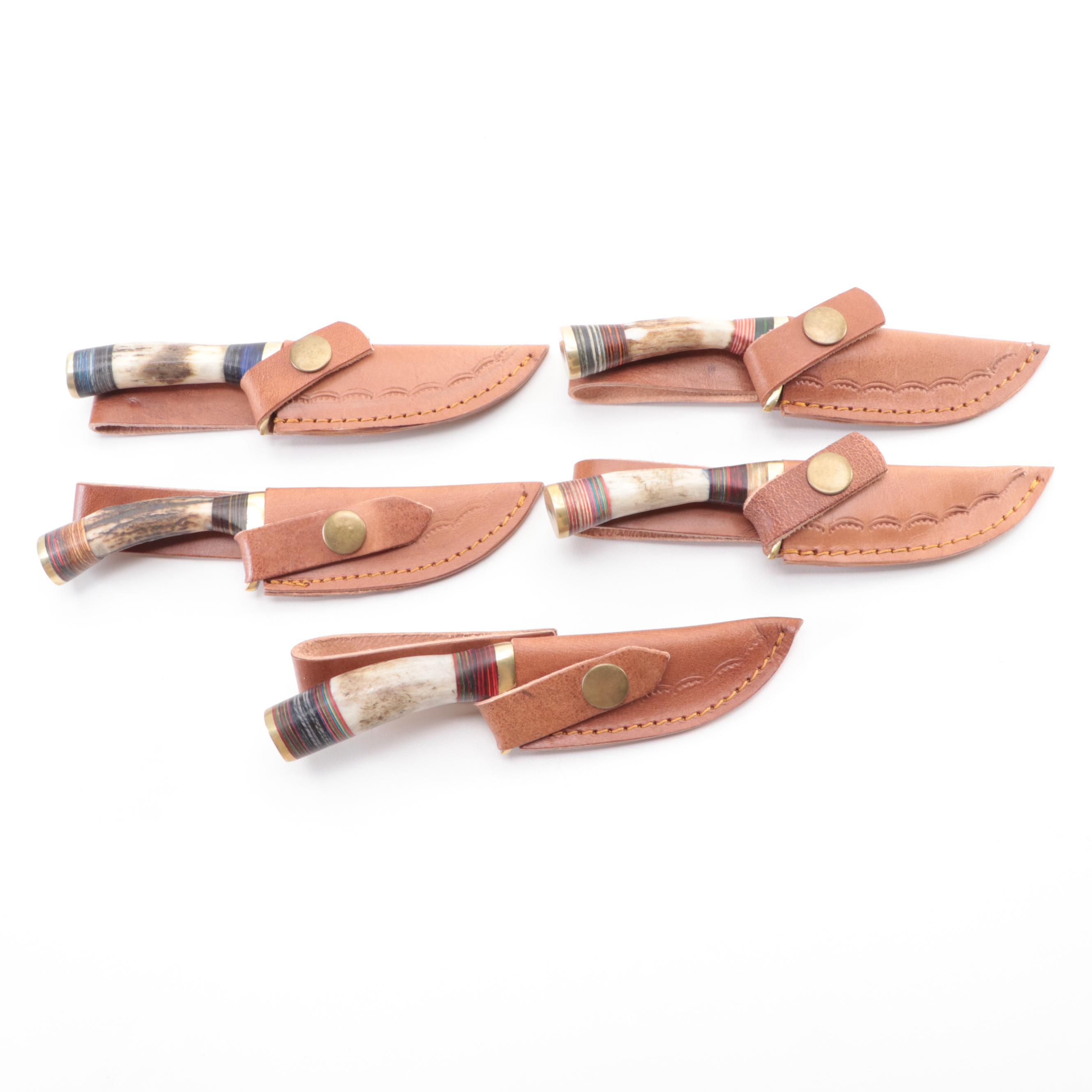 Damascus Steel and Antler Handled Fixed Blade Knives with Leather Scabbards